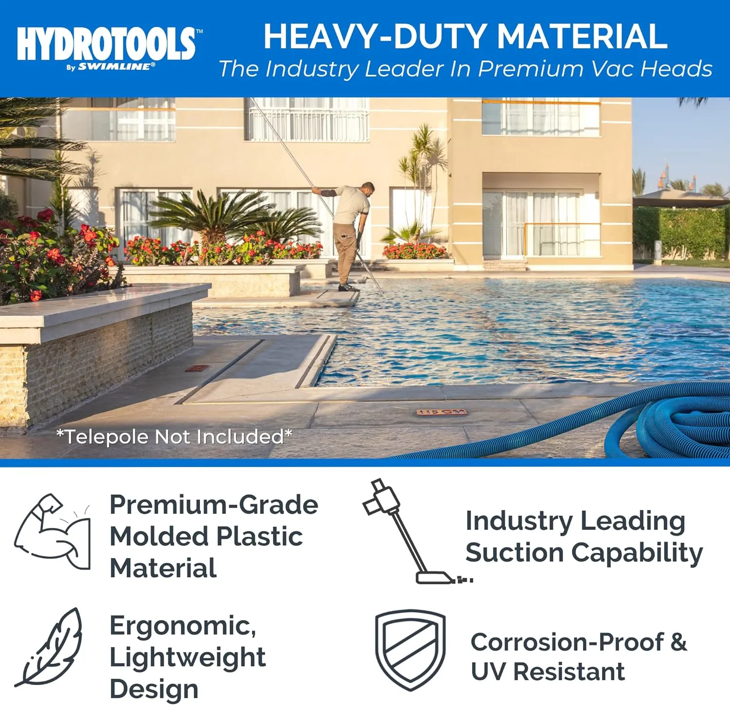SWIMLINE HYDROTOOLS Manual Vacuum Head Attachment For Inground & Above Ground Pools |Weighted Flexible Swimming Pool Vac Head Rectangle Shape W/ Wheels| Swivel Hose 1-1/4 or 1-1/2’’| Clean 8150