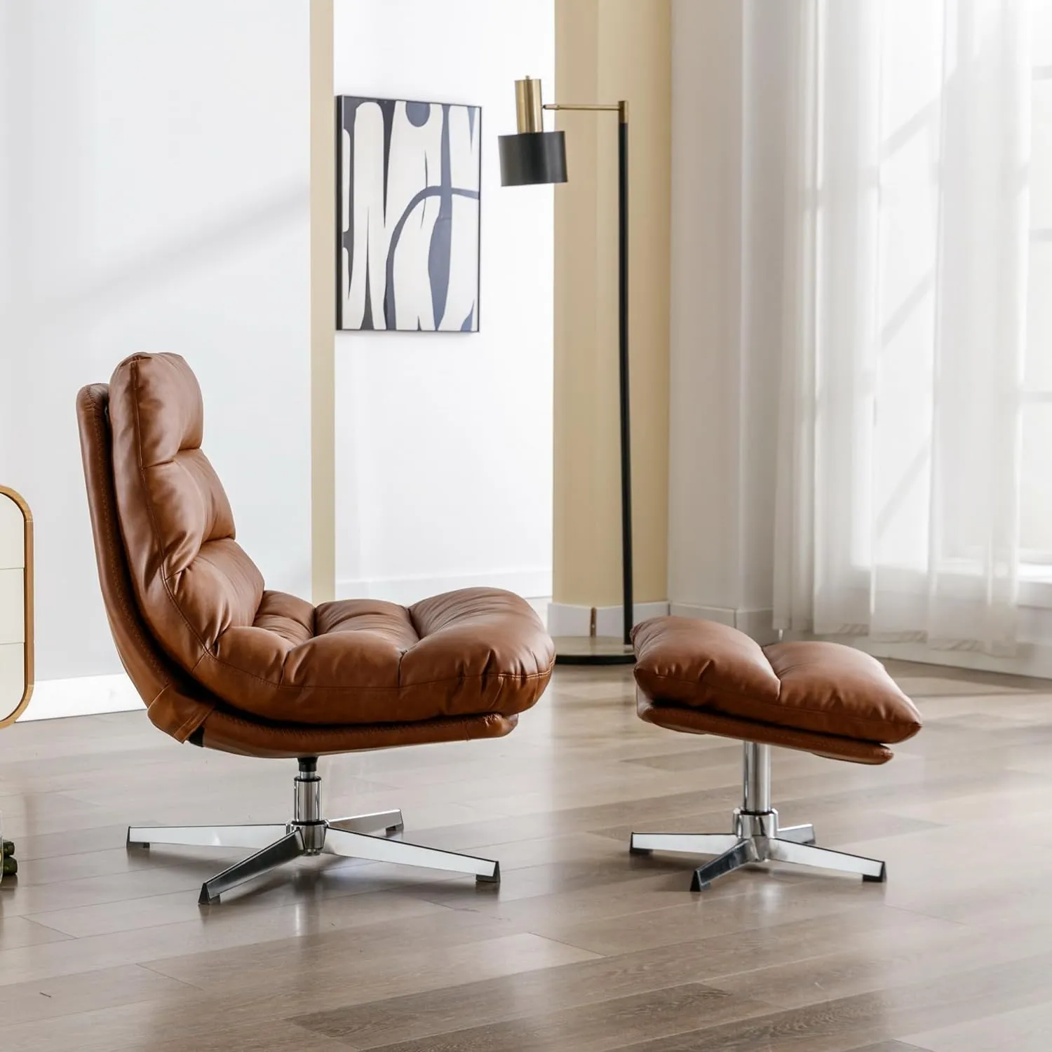 Swivel Accent Chair with Ottoman, Mid Century Modern Faux Leather Lounge Chair with footrest, Comfy Oversized Armchair with 360 Degree Metal Base for Living Room/Bedroom, Brown