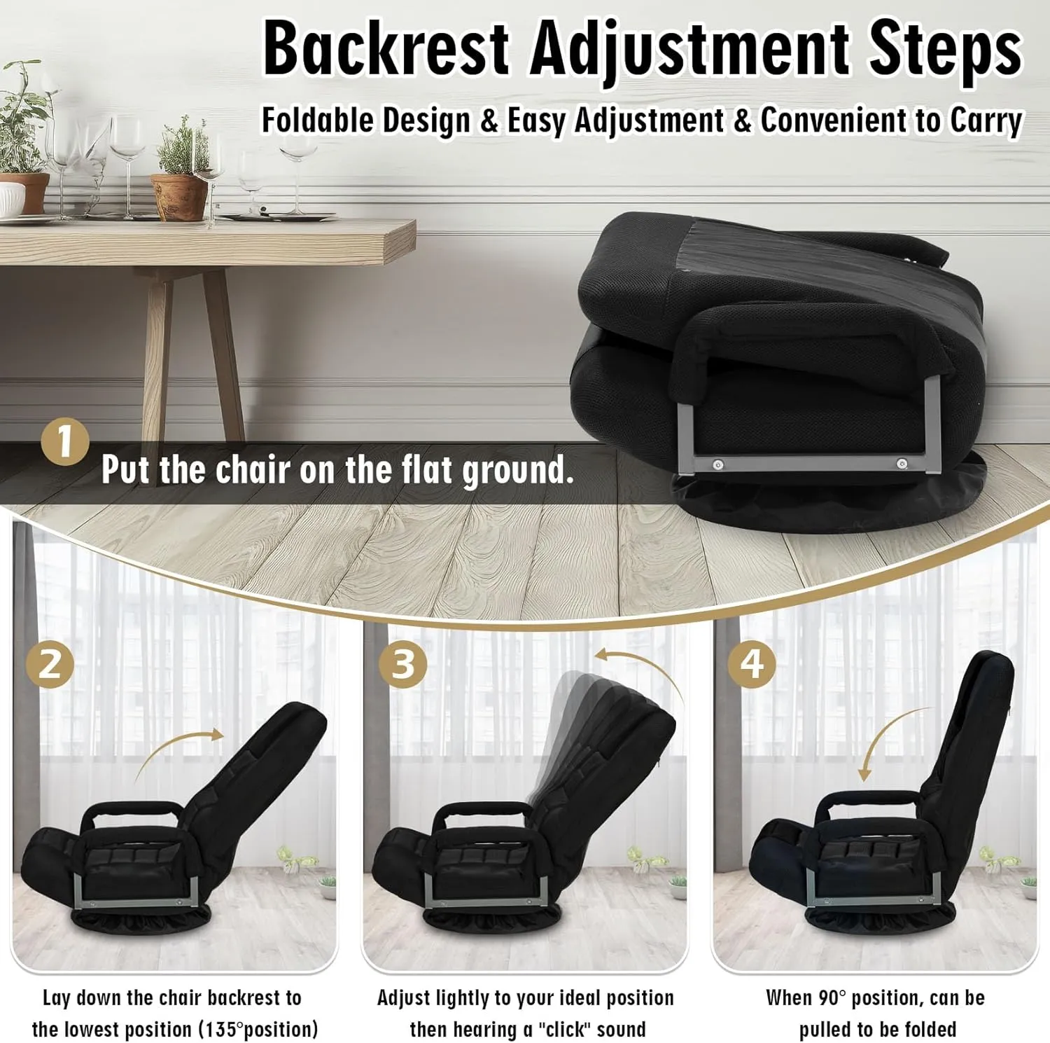 Swivel Floor Gaming Chair w/Armrests, Folding Video Reclining Sofa w/6 Adjustable Position, Padded Backrest & Cushion, Lazy Lounger Couch for E-Sports, Reading, Relaxing, Watching TV, Black