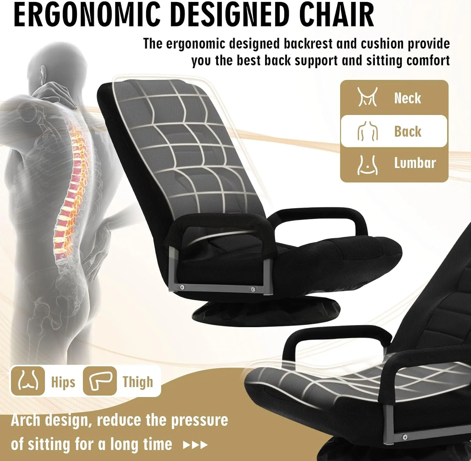 Swivel Floor Gaming Chair w/Armrests, Folding Video Reclining Sofa w/6 Adjustable Position, Padded Backrest & Cushion, Lazy Lounger Couch for E-Sports, Reading, Relaxing, Watching TV, Black