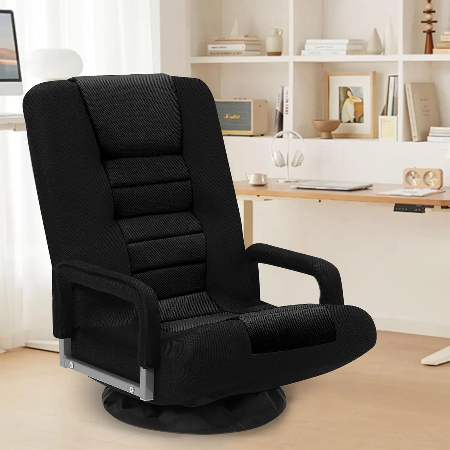 Swivel Floor Gaming Chair w/Armrests, Folding Video Reclining Sofa w/6 Adjustable Position, Padded Backrest & Cushion, Lazy Lounger Couch for E-Sports, Reading, Relaxing, Watching TV, Black