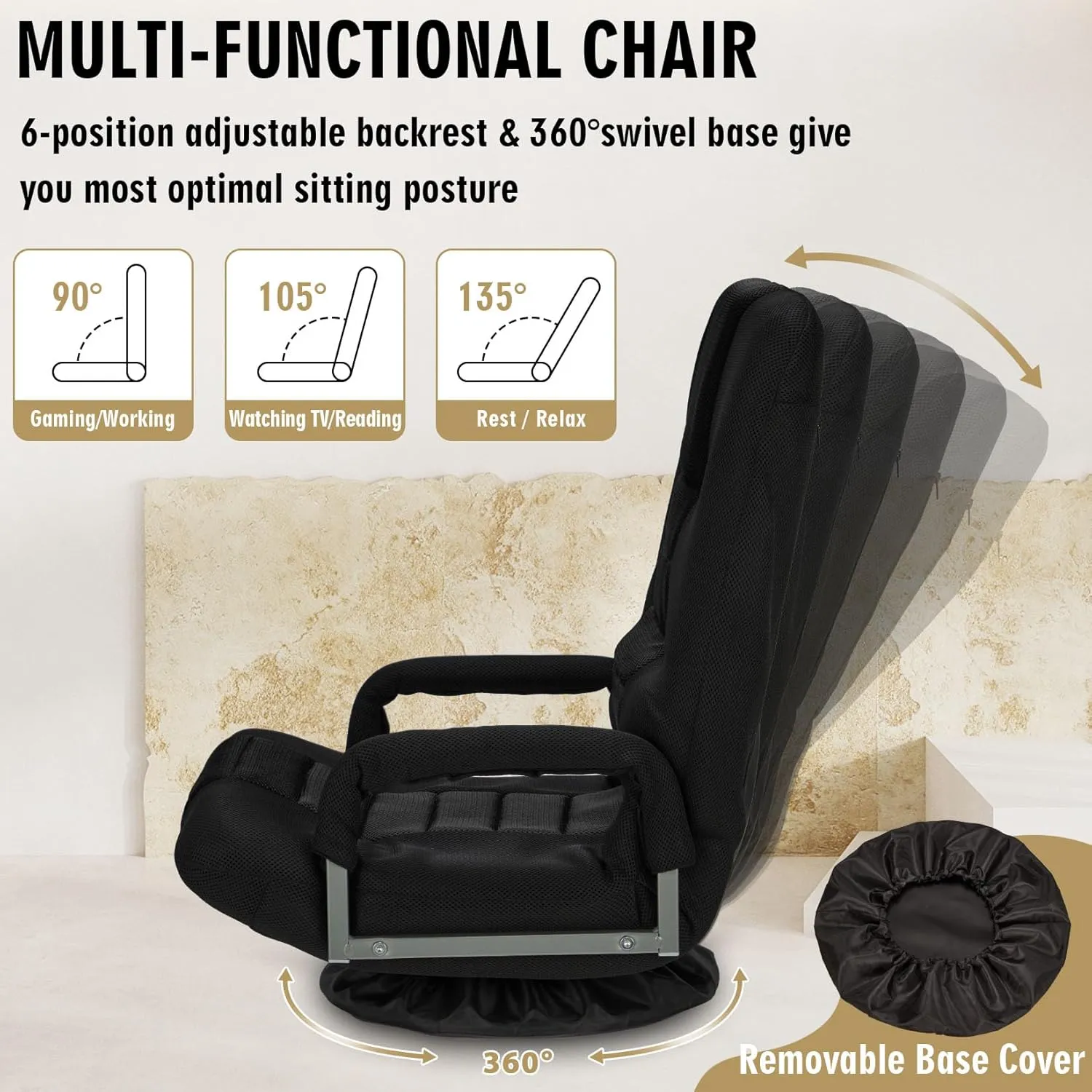 Swivel Floor Gaming Chair w/Armrests, Folding Video Reclining Sofa w/6 Adjustable Position, Padded Backrest & Cushion, Lazy Lounger Couch for E-Sports, Reading, Relaxing, Watching TV, Black