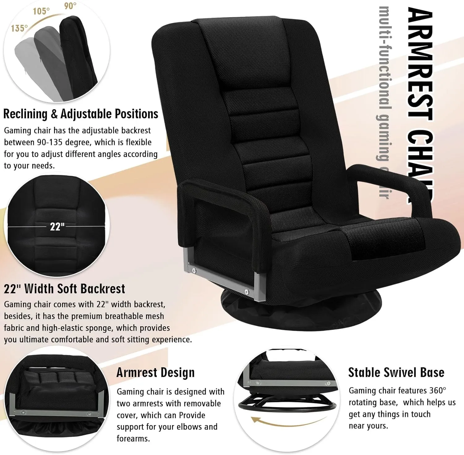Swivel Floor Gaming Chair w/Armrests, Folding Video Reclining Sofa w/6 Adjustable Position, Padded Backrest & Cushion, Lazy Lounger Couch for E-Sports, Reading, Relaxing, Watching TV, Black