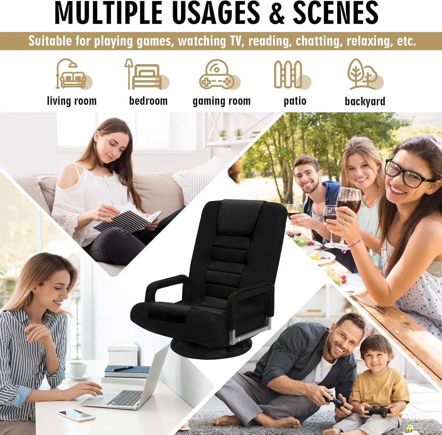 Swivel Floor Gaming Chair w/Armrests, Folding Video Reclining Sofa w/6 Adjustable Position, Padded Backrest & Cushion, Lazy Lounger Couch for E-Sports, Reading, Relaxing, Watching TV, Black