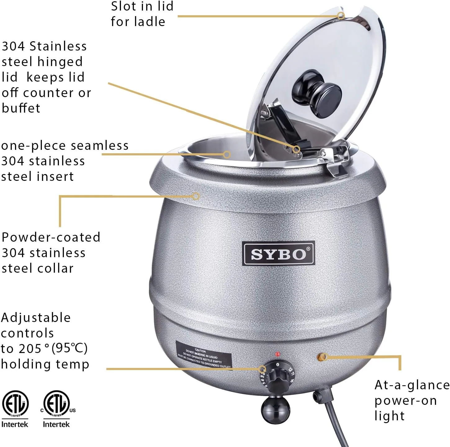 SYBO SB-6000-2G Commercial Grade Soup Kettle with Hinged Lid and Detachable Stainless Steel Insert Pot for Restaurant and Big Family, 10.5 Quarts, Silver