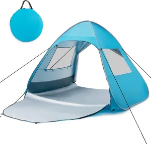 Tangkula 2-4 Person Pop up Beach Tent, UPF50  Beach Sun Shade with Carrying Bag, 10 Stakes, 4 Sandbags, 4 Wind Ropes, 2 Mesh Windows, 2 Doors, Instant Sun Shelter with Zippered Extended Floor