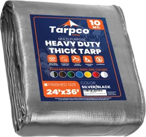 Tarpco Safety Heavy Duty 10 Mil Tarp Cover, Waterproof, UV Resistant, Rip and Tear Proof, Poly Tarpaulin with Reinforced Edges for Camping, Roof, Patio, Pool, Boat. (Silver/Black 24′ X 36′)