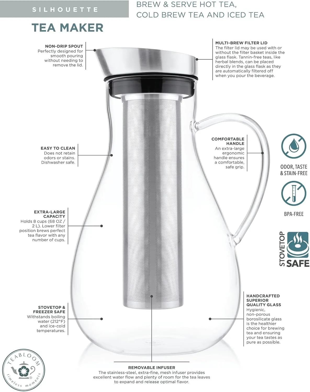 Teabloom Large Multi-Brew Glass Teapot   Kettle   Pitcher (68 OZ / 2.0 L / 8 CUPS) – Brew and Serve Hot Tea, Iced Tea, Cold Brew Tea and Fruit Infused Water – Silhouette Tea Maker