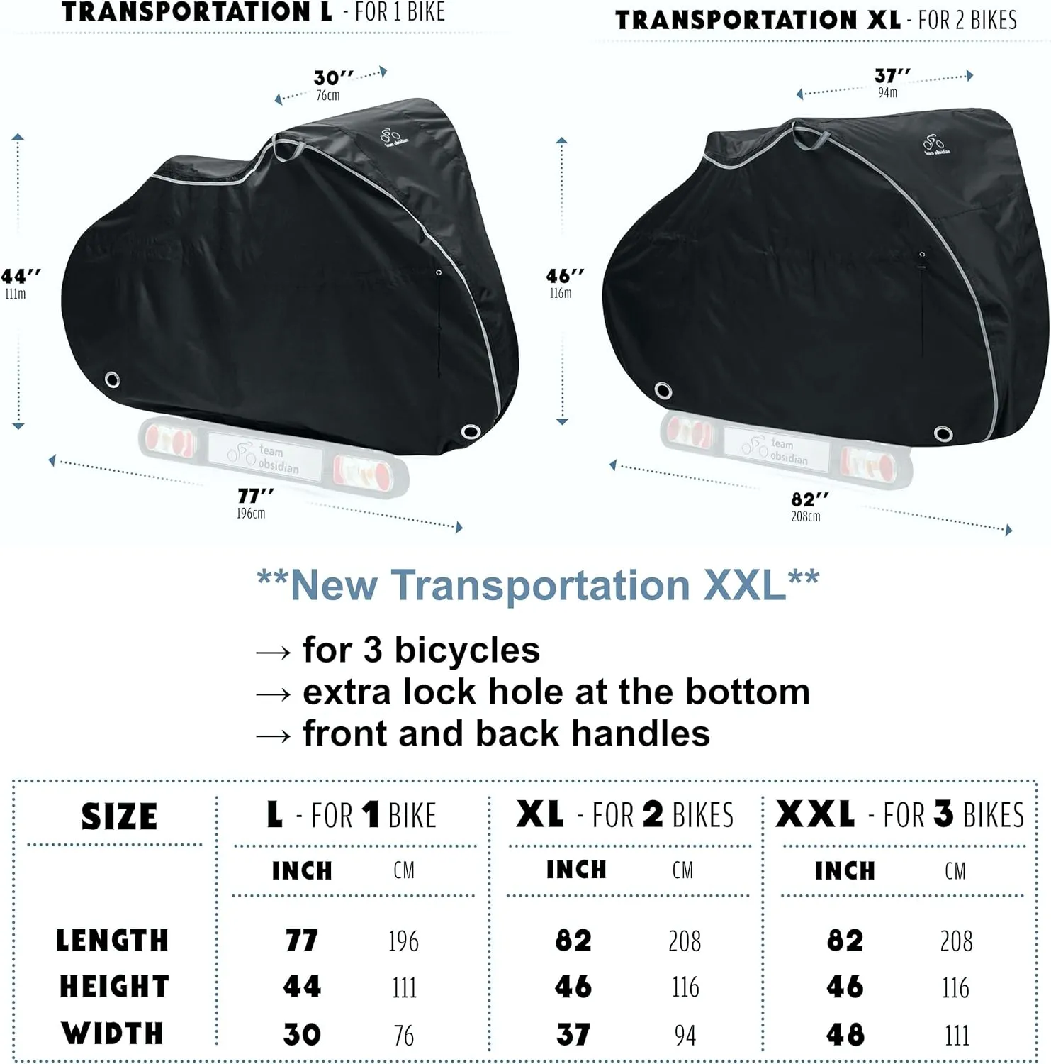 TeamObsidian Bike Cover - Outdoor Bike Storage, Bicycle Transportation or Travel Covers - Waterproof eBike Protection - For 1 to 3 Bikes - Heavy Duty Ripstop 300D Oxford Material