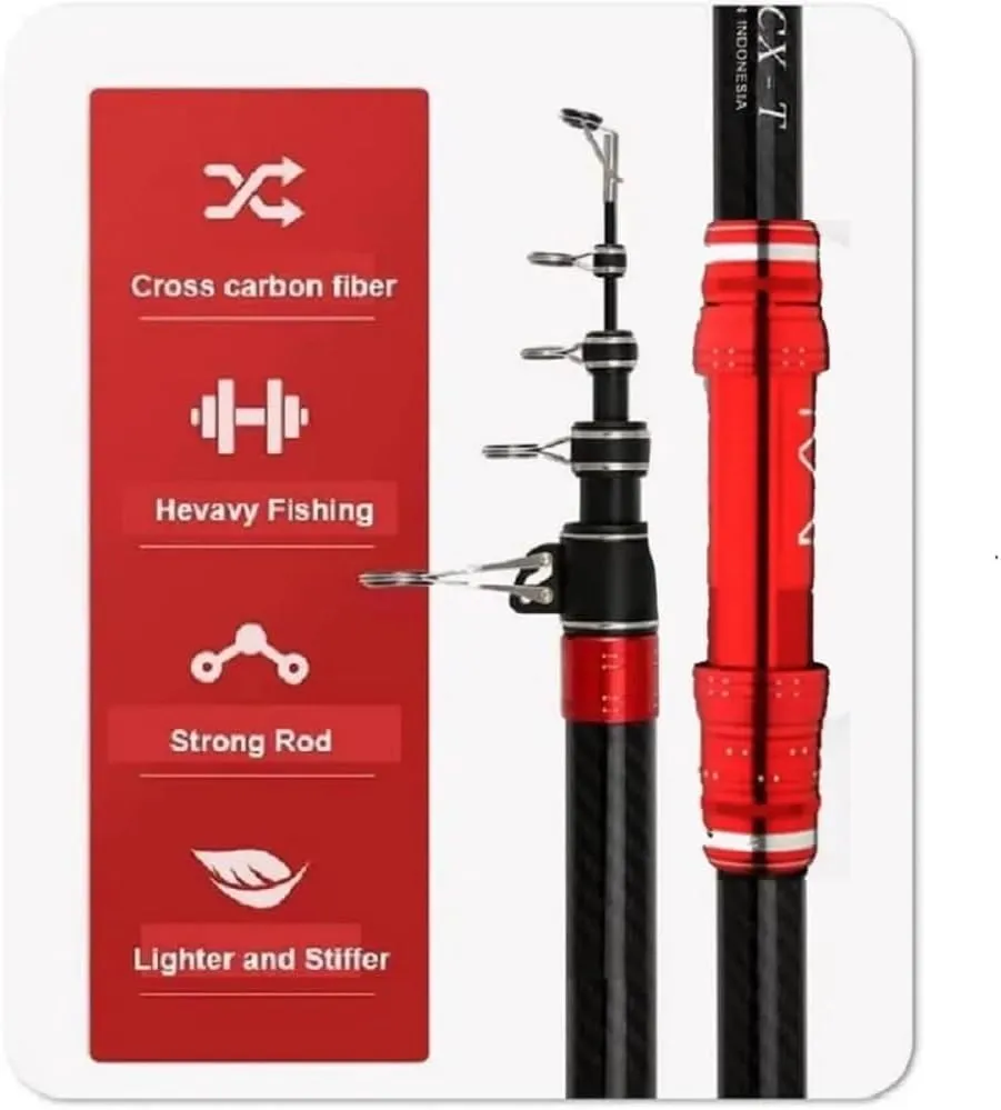 Telescopic Fishing Rod, Carbon Fiber Travel Surf Rod, Spinning Power Lure 2-9Oz, 20-50LB,Medium-Heavy Throwing Surfcasting Baitcasting Pole,Red