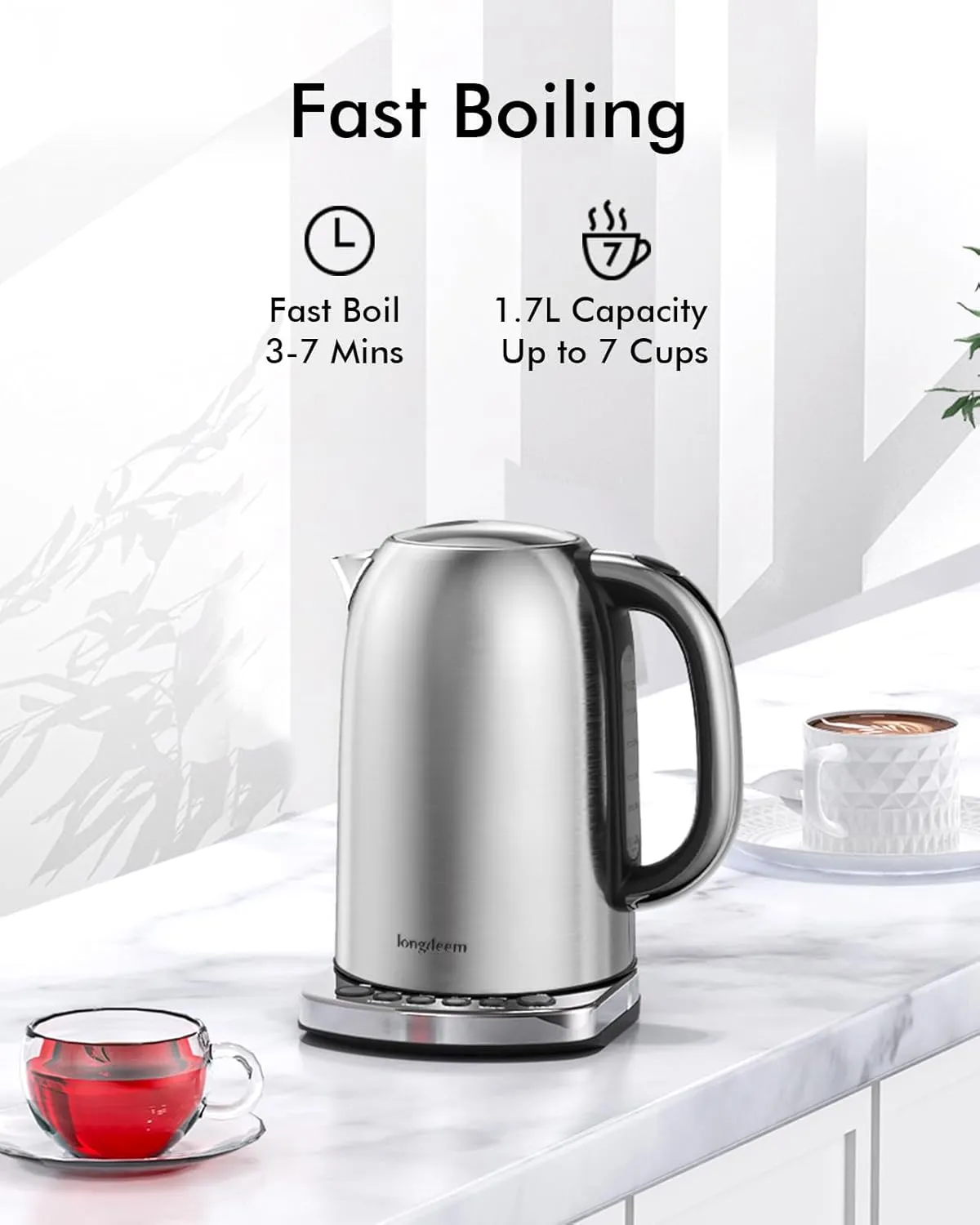 Temp Control Electric Tea Kettle, 1.7L Stainless Steel Water Boiler & Heater, Fast Boiling 1500 Watts, Cordless Kettle with Auto Shutoff, BoilDry Protection, LED Light, Silver