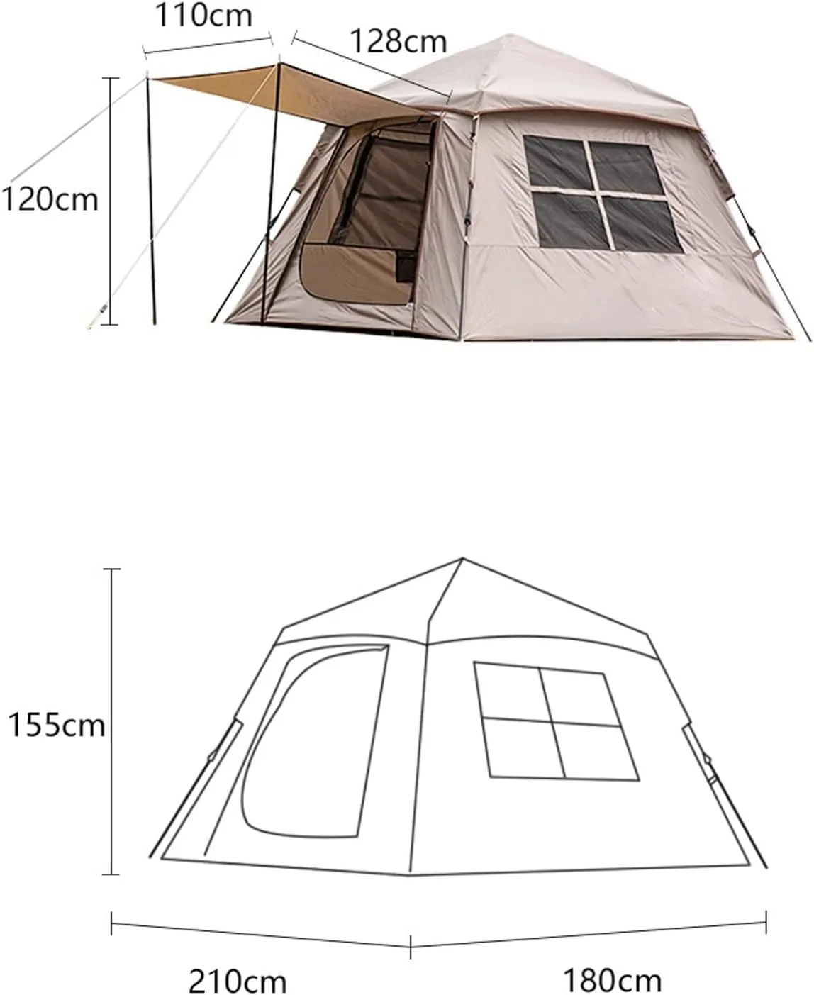 Tents for Camping Outdoor Automatic Tent Oxford Cloth Portable 3-4 Person Quick Build Camping Tent with Door Awning Cloth (Khaki One Size)