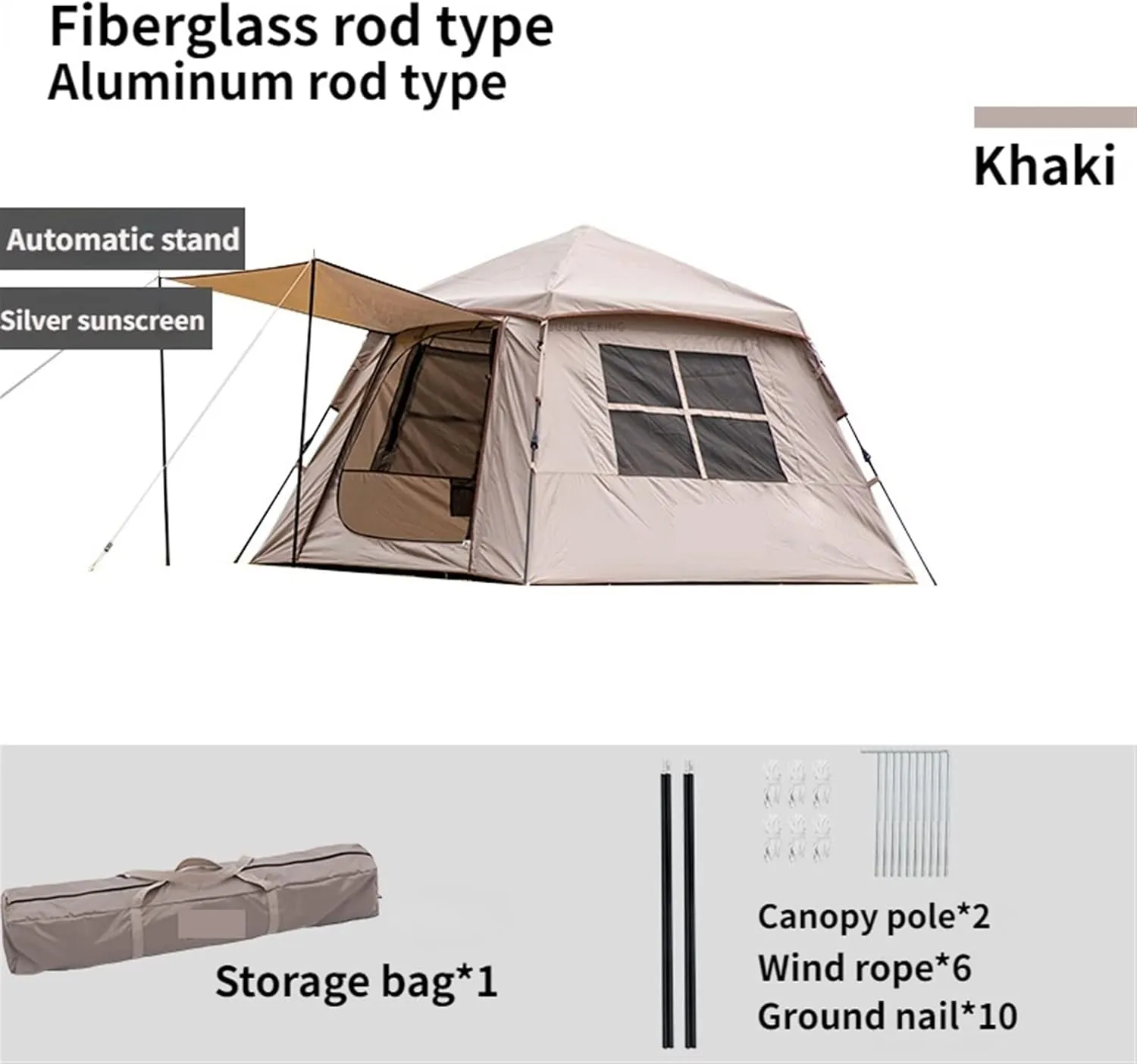 Tents for Camping Outdoor Automatic Tent Oxford Cloth Portable 3-4 Person Quick Build Camping Tent with Door Awning Cloth (Khaki One Size)