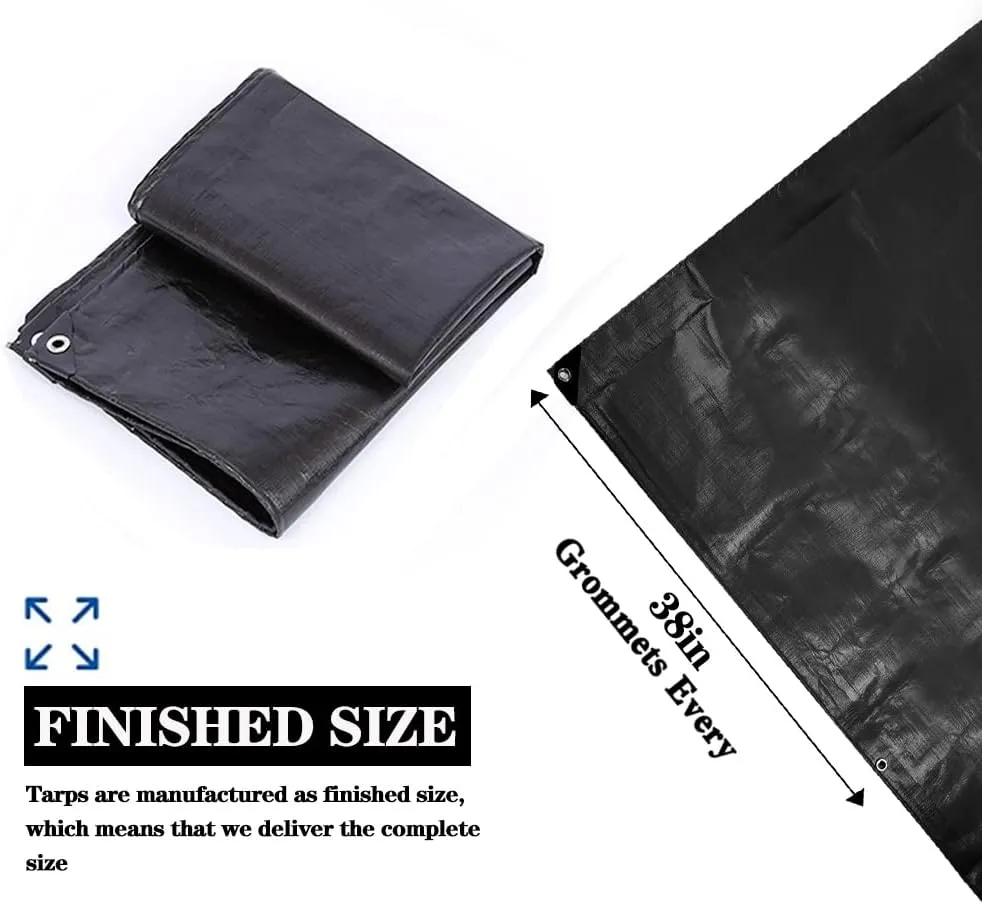 TEZONG Heavy Duty Waterproof 8x10ft Black Tarp, 16Mil Polyethylene, Emergency Rain, Patio, Wood, Roof, Camping, Car, Pool