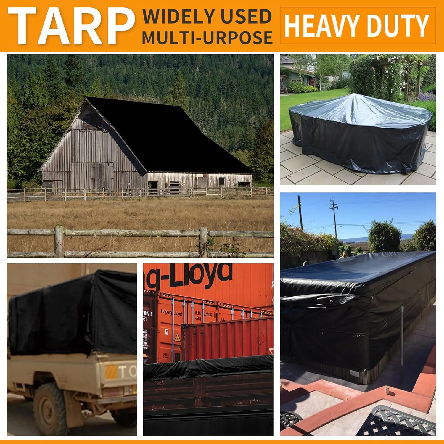 TEZONG Heavy Duty Waterproof 8x10ft Black Tarp, 16Mil Polyethylene, Emergency Rain, Patio, Wood, Roof, Camping, Car, Pool