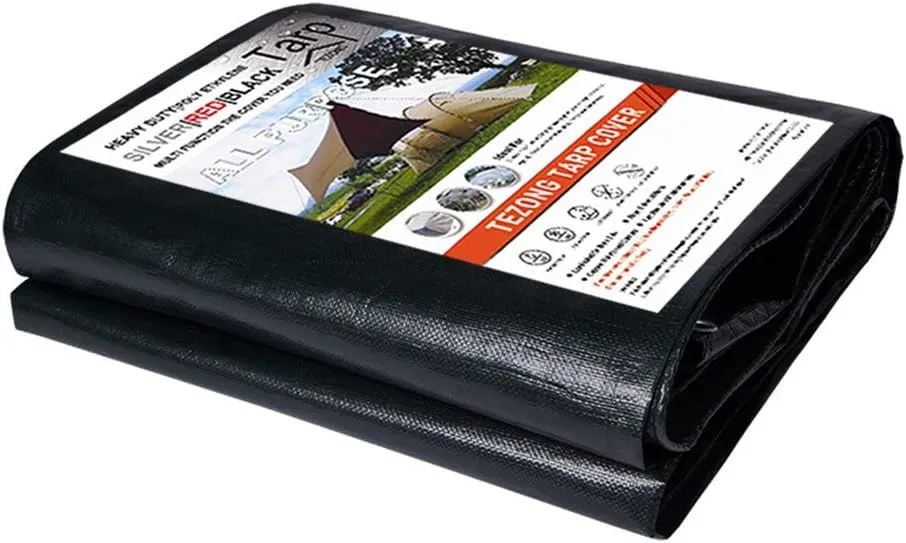 TEZONG Heavy Duty Waterproof 8x10ft Black Tarp, 16Mil Polyethylene, Emergency Rain, Patio, Wood, Roof, Camping, Car, Pool