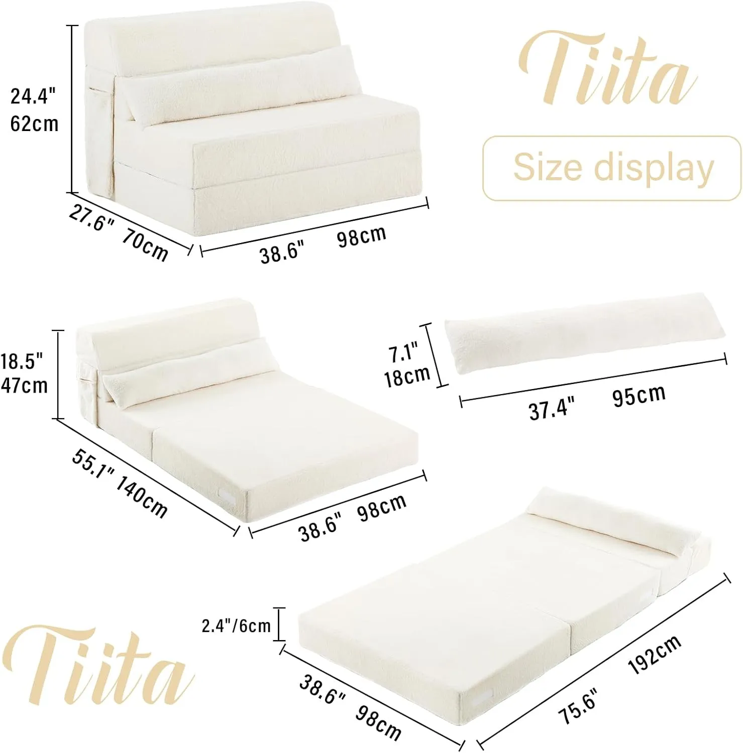 Tiita Folding Sofa Bed with Pillow Twin Size Mattress&Plush Fabric with Portable Storage Bag,Floor Lounger Chair Bed for Living Room,Guest Room,Dorm,Apartment,Upstairs Loft,Home Office,Beige
