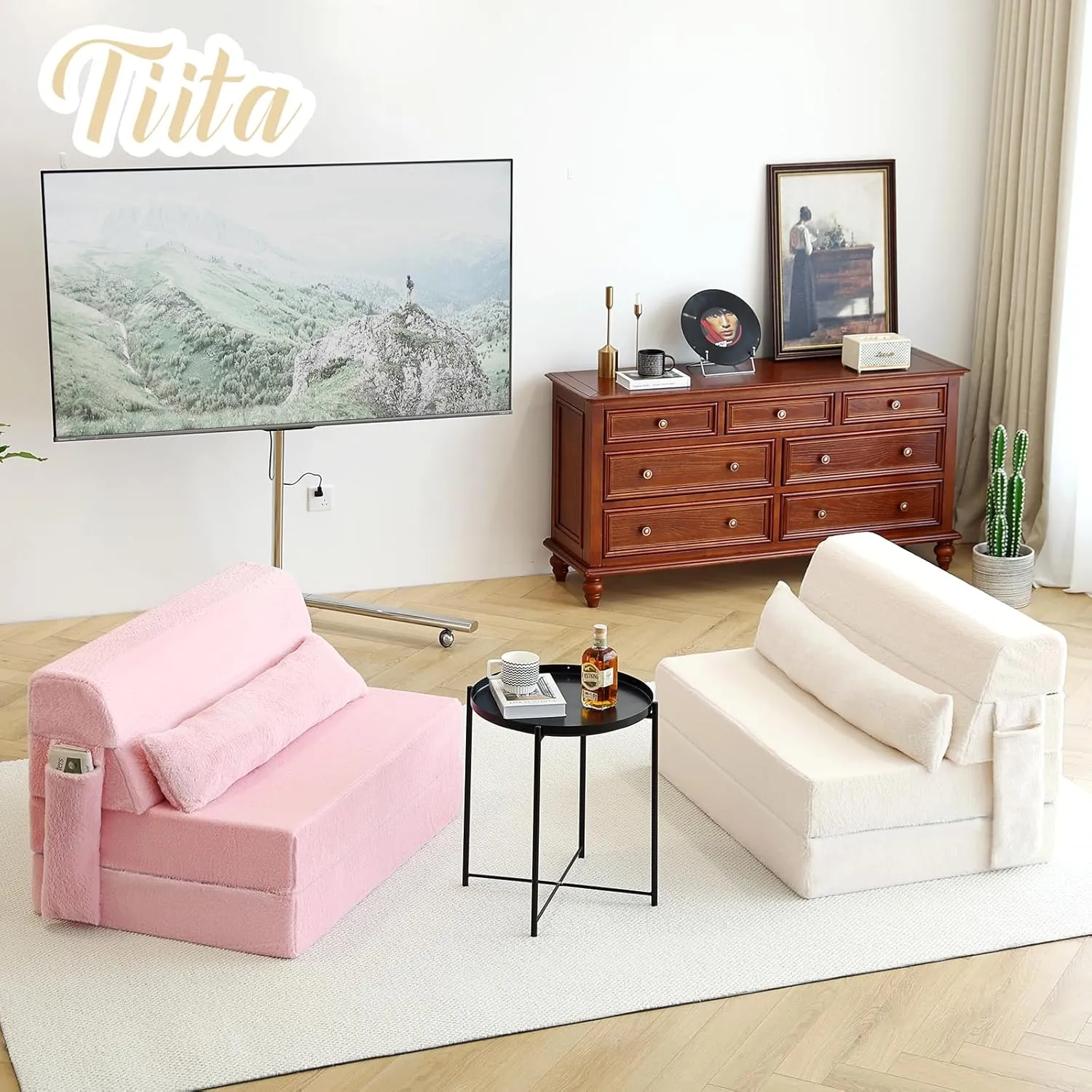 Tiita Folding Sofa Bed with Pillow Twin Size Mattress&Plush Fabric with Portable Storage Bag,Floor Lounger Chair Bed for Living Room,Guest Room,Dorm,Apartment,Upstairs Loft,Home Office,Beige