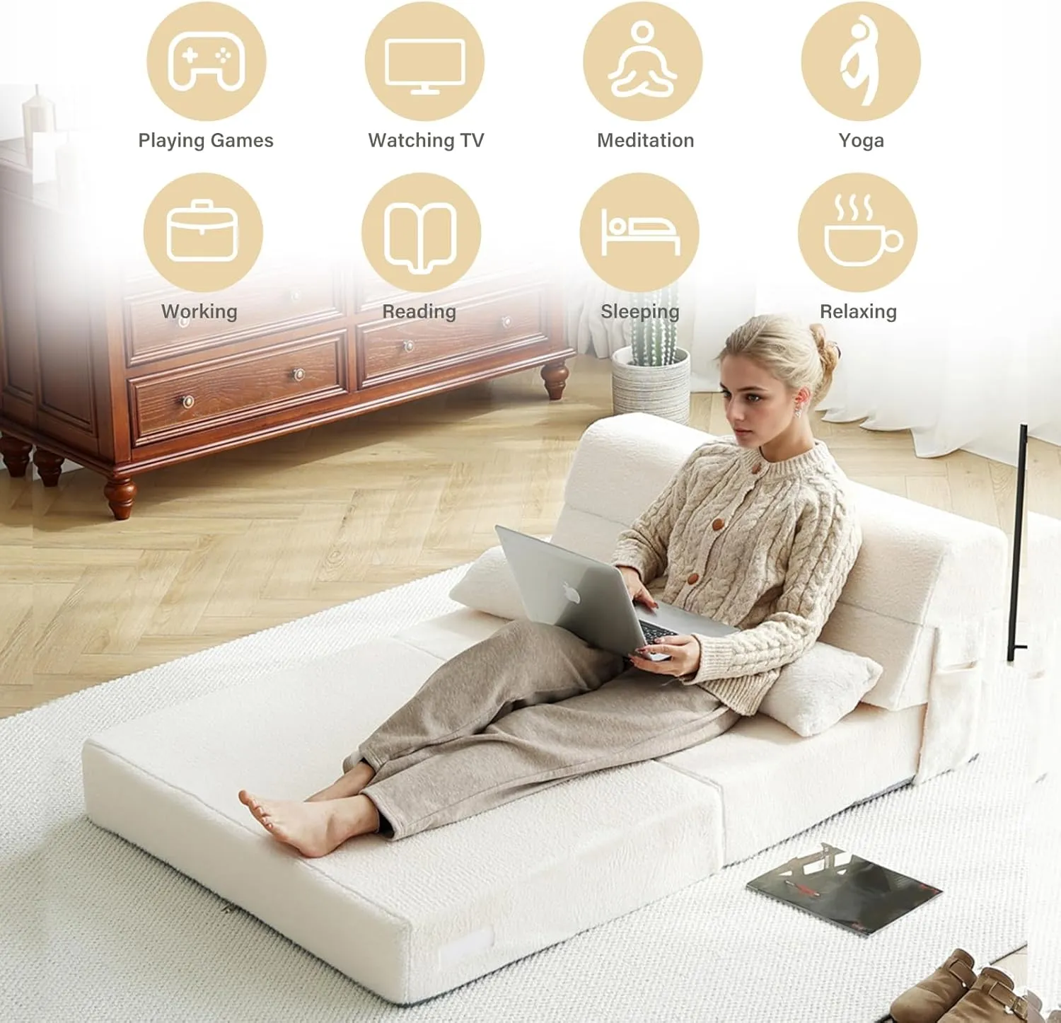 Tiita Folding Sofa Bed with Pillow Twin Size Mattress&Plush Fabric with Portable Storage Bag,Floor Lounger Chair Bed for Living Room,Guest Room,Dorm,Apartment,Upstairs Loft,Home Office,Beige