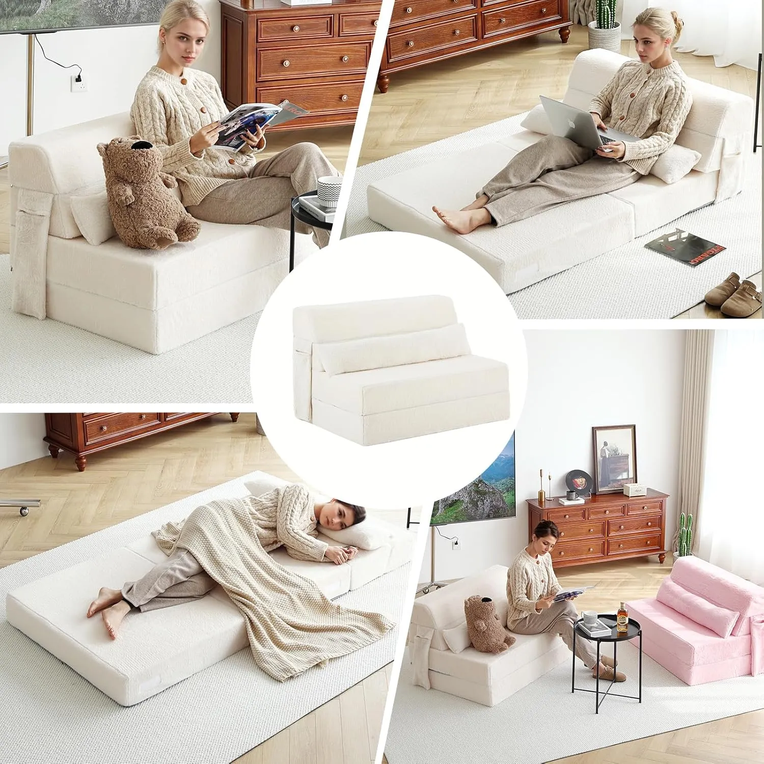 Tiita Folding Sofa Bed with Pillow Twin Size Mattress&Plush Fabric with Portable Storage Bag,Floor Lounger Chair Bed for Living Room,Guest Room,Dorm,Apartment,Upstairs Loft,Home Office,Beige