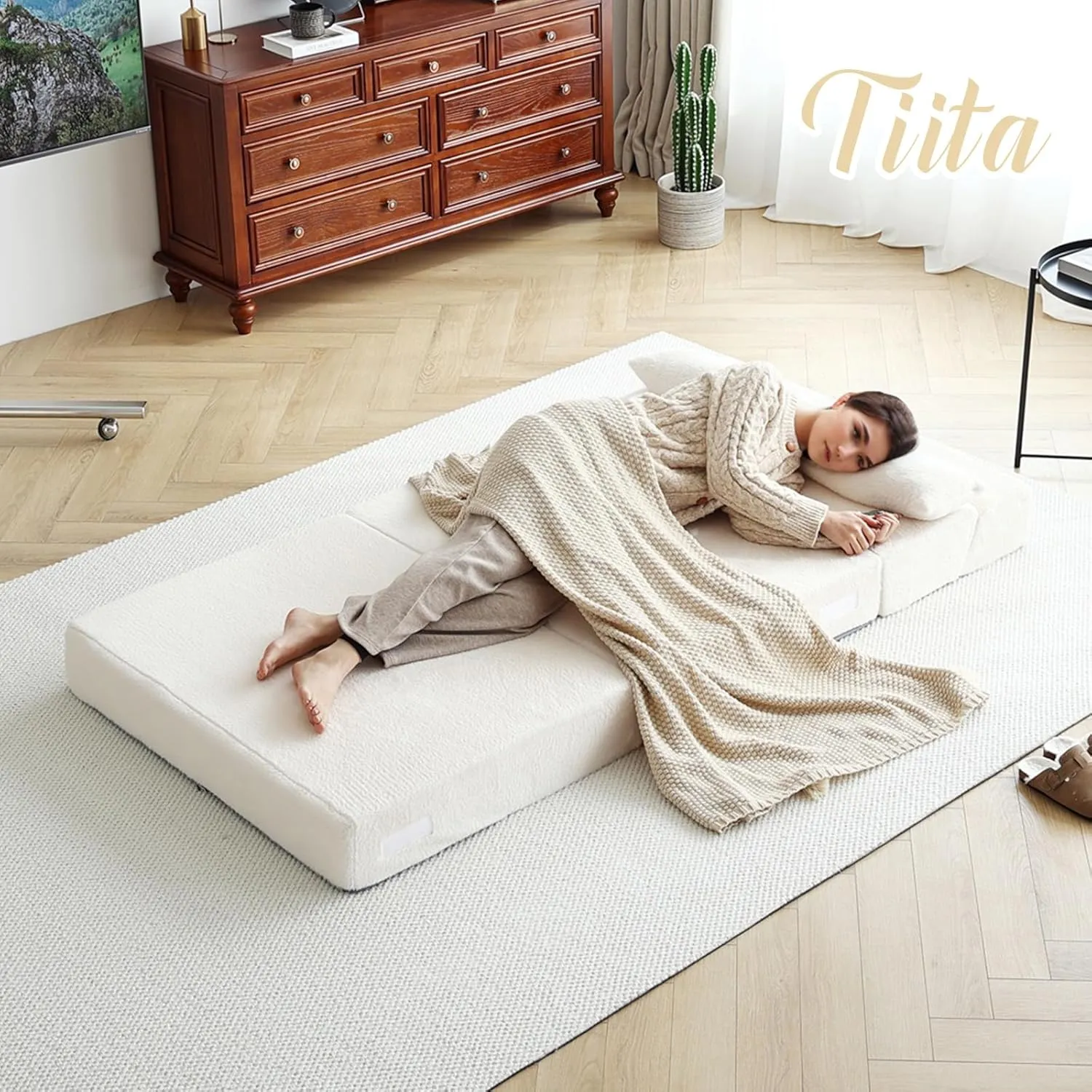 Tiita Folding Sofa Bed with Pillow Twin Size Mattress&Plush Fabric with Portable Storage Bag,Floor Lounger Chair Bed for Living Room,Guest Room,Dorm,Apartment,Upstairs Loft,Home Office,Beige