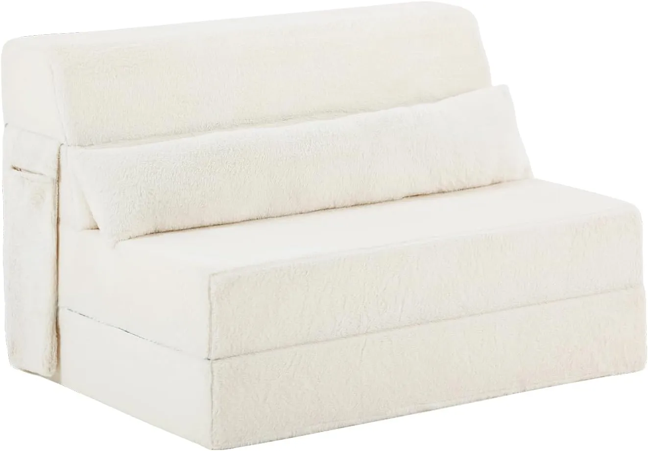 Tiita Folding Sofa Bed with Pillow Twin Size Mattress&Plush Fabric with Portable Storage Bag,Floor Lounger Chair Bed for Living Room,Guest Room,Dorm,Apartment,Upstairs Loft,Home Office,Beige