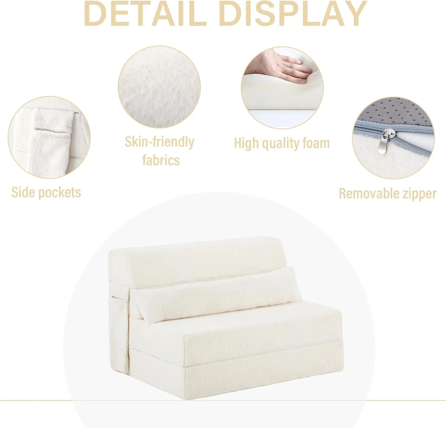 Tiita Folding Sofa Bed with Pillow Twin Size Mattress&Plush Fabric with Portable Storage Bag,Floor Lounger Chair Bed for Living Room,Guest Room,Dorm,Apartment,Upstairs Loft,Home Office,Beige