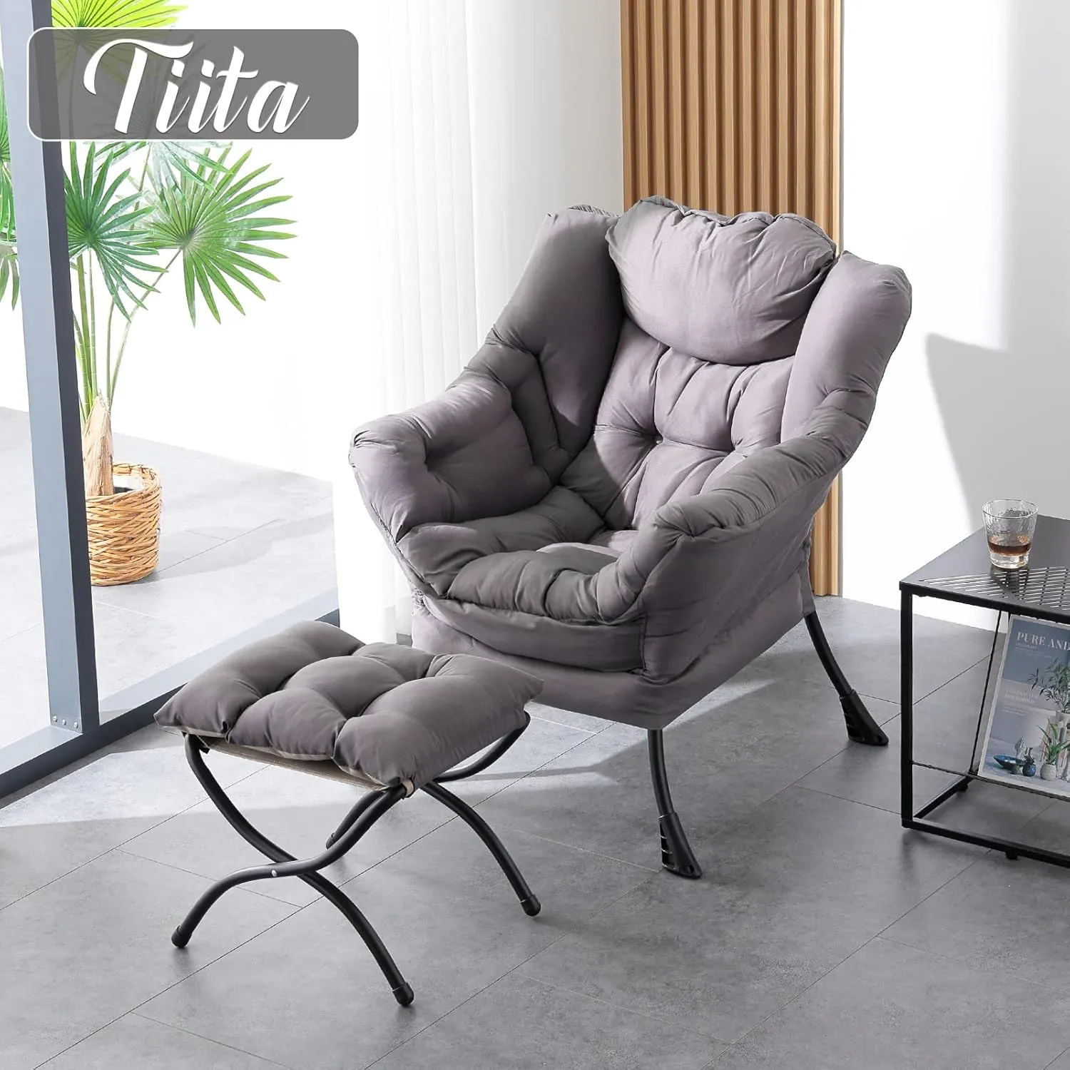 Tiita Lazy Chair with Ottoman, Modern Large Accent Lounge Chair, Leisure Sofa Armchair with Ottoman, Reading Chair with Footrest for Bedroom, Living Room, Dorm Rooms, Garden