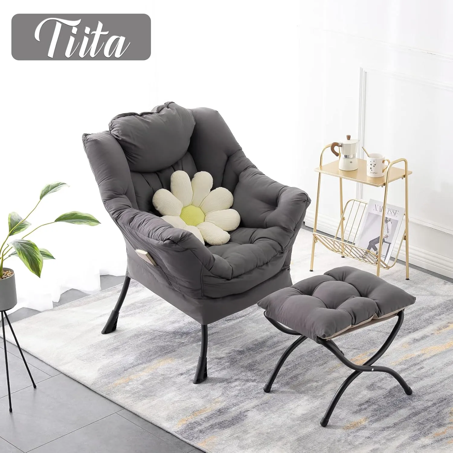 Tiita Lazy Chair with Ottoman, Modern Large Accent Lounge Chair, Leisure Sofa Armchair with Ottoman, Reading Chair with Footrest for Bedroom, Living Room, Dorm Rooms, Garden