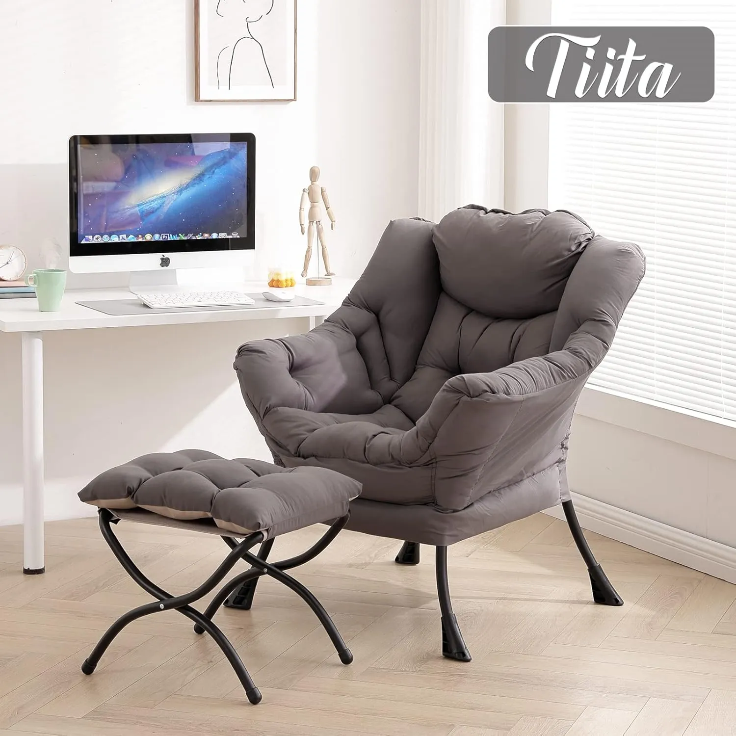 Tiita Lazy Chair with Ottoman, Modern Large Accent Lounge Chair, Leisure Sofa Armchair with Ottoman, Reading Chair with Footrest for Bedroom, Living Room, Dorm Rooms, Garden