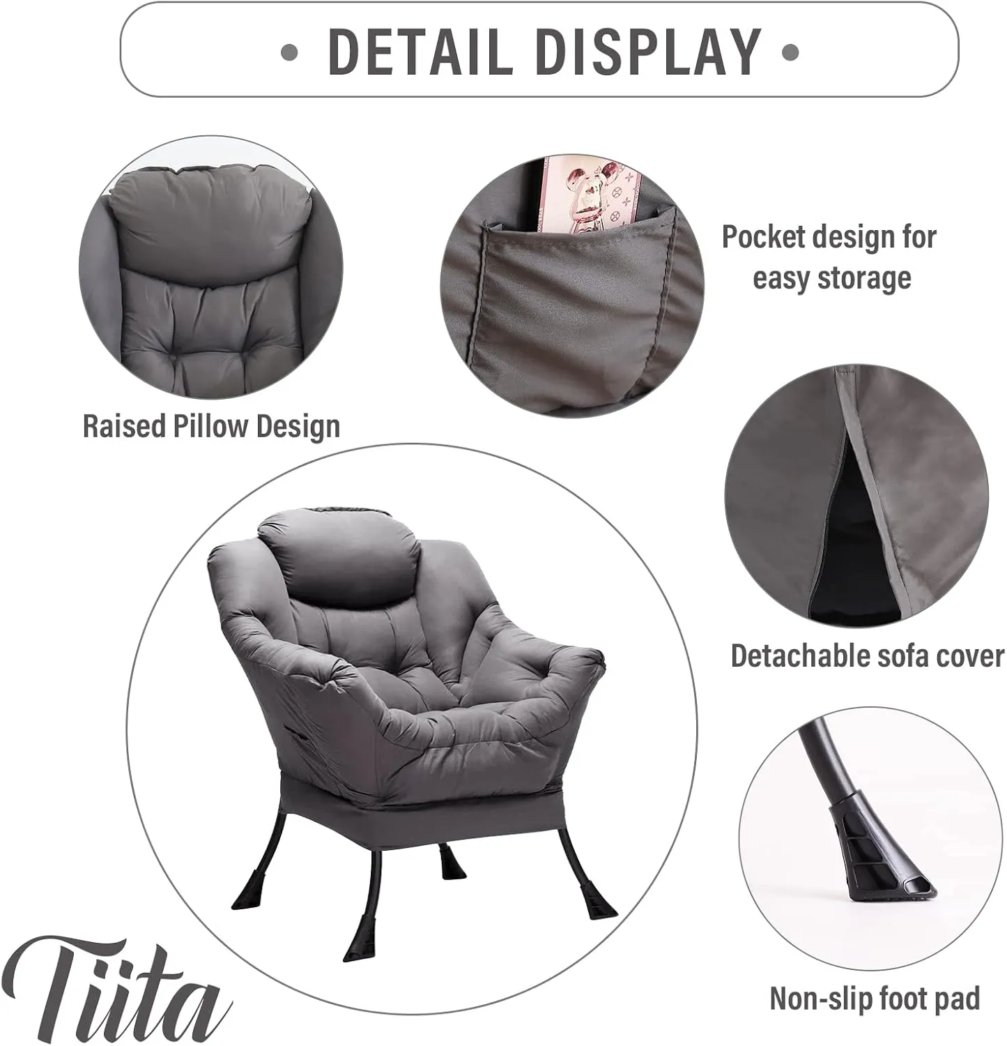 Tiita Lazy Chair with Ottoman, Modern Large Accent Lounge Chair, Leisure Sofa Armchair with Ottoman, Reading Chair with Footrest for Bedroom, Living Room, Dorm Rooms, Garden