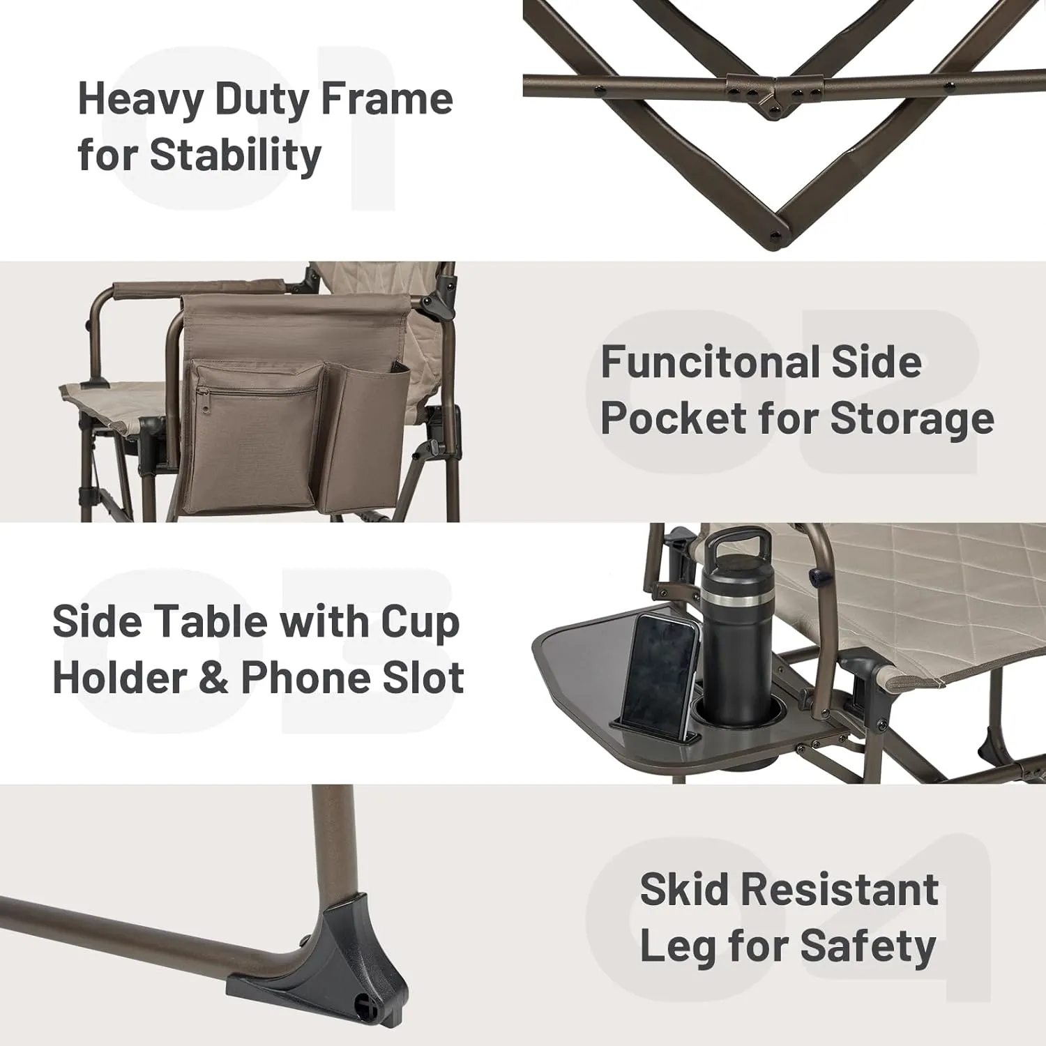 TIMBER RIDGE Aluminum Camping Directors Chair with Side Table Pocket, Portable Folding Chair, Heavy Duty Lawn Chair for Fishing Trip Picnic Concert Outdoor 400lbs, Tan
