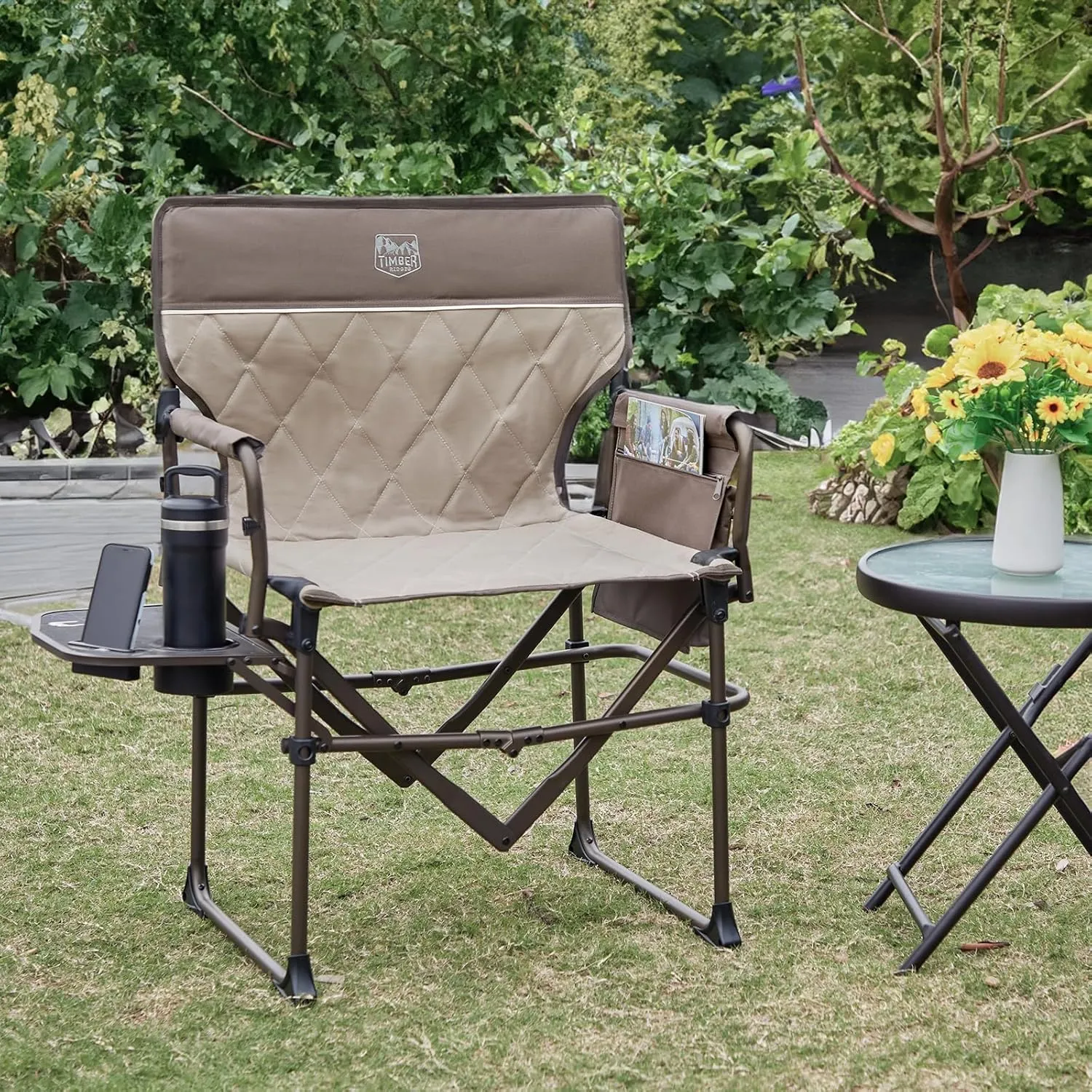 TIMBER RIDGE Aluminum Camping Directors Chair with Side Table Pocket, Portable Folding Chair, Heavy Duty Lawn Chair for Fishing Trip Picnic Concert Outdoor 400lbs, Tan