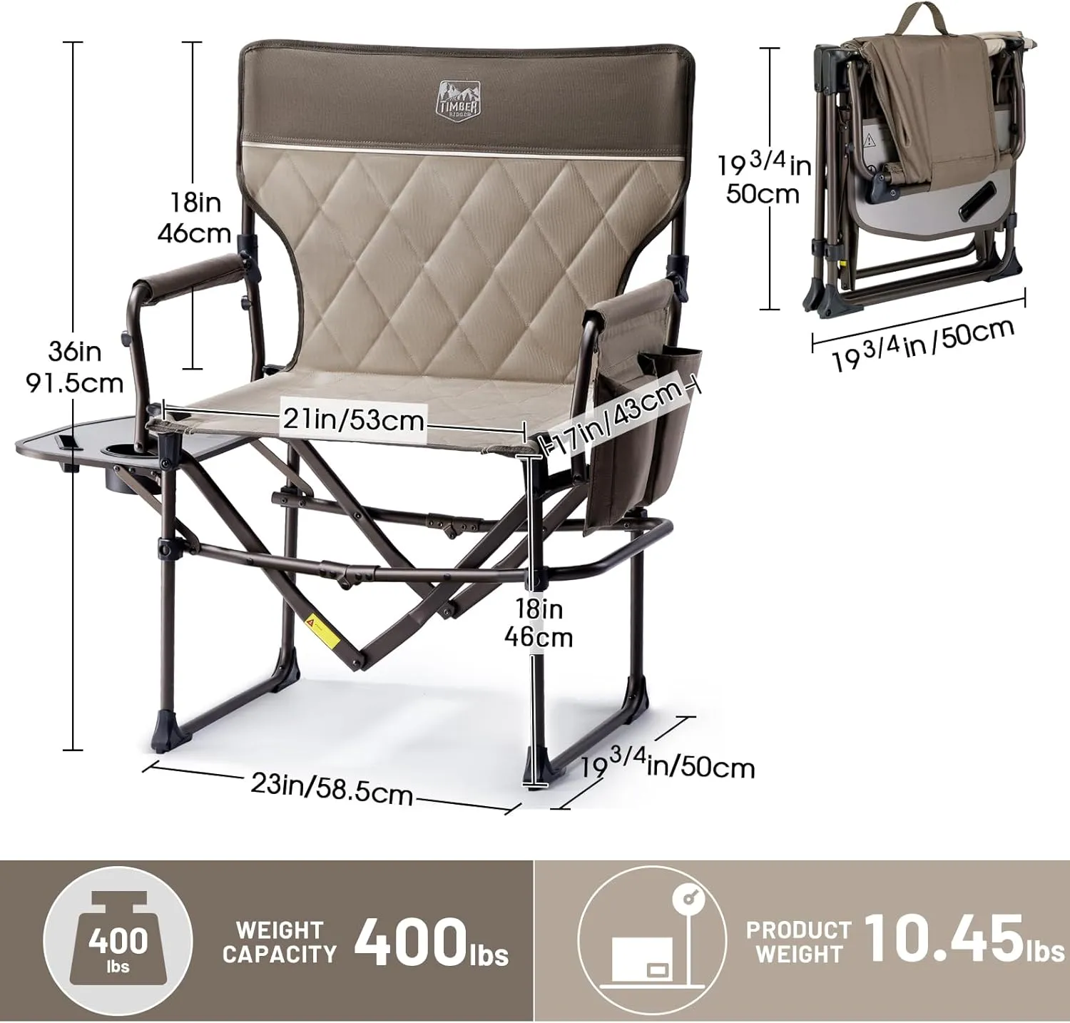 TIMBER RIDGE Aluminum Camping Directors Chair with Side Table Pocket, Portable Folding Chair, Heavy Duty Lawn Chair for Fishing Trip Picnic Concert Outdoor 400lbs, Tan