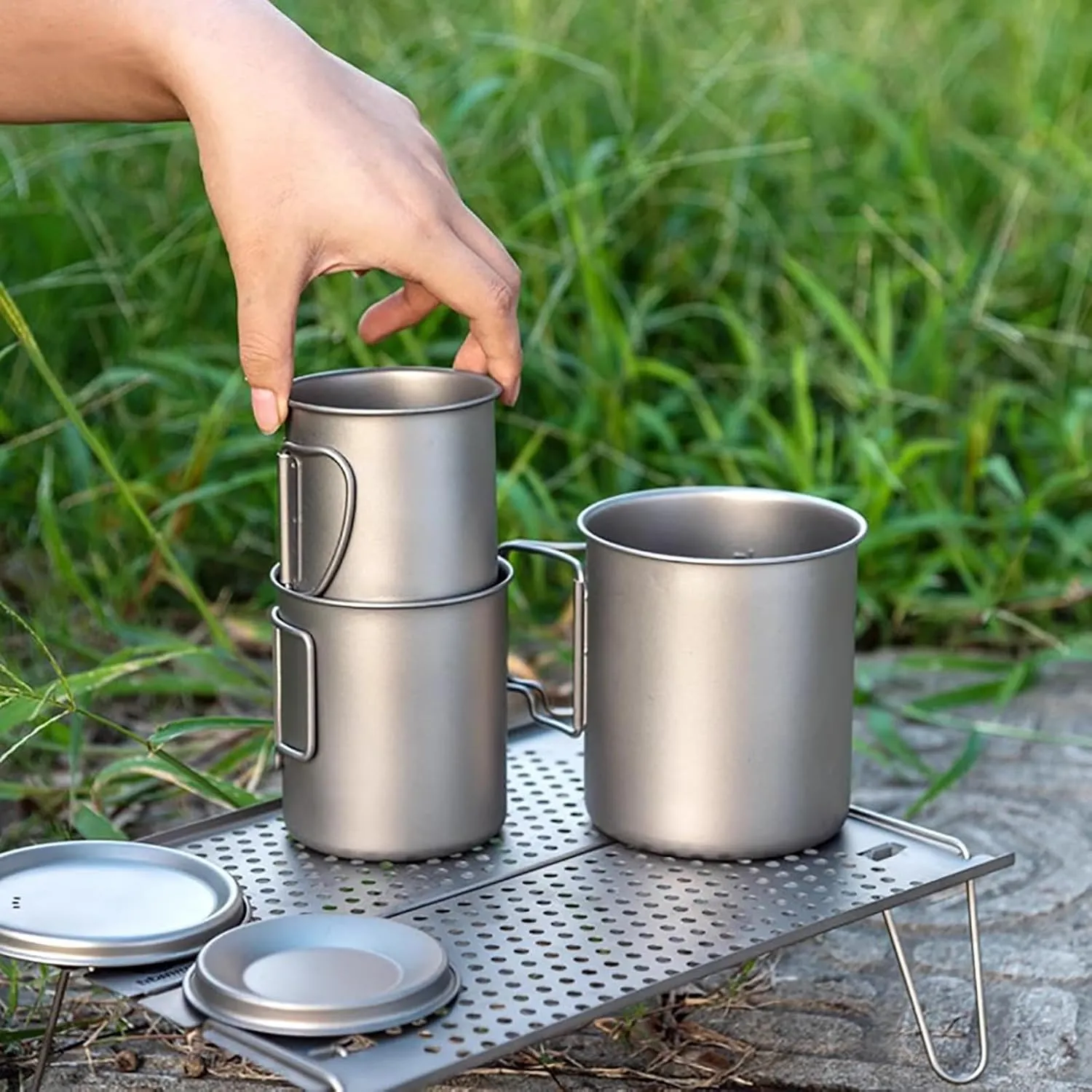 Titanium Pot, Camping Coffee Mugs, Camping Cookware, with Lid and Foldable Handle, Backpacking Cup for Outdoor Hiking Cooking(420ML)