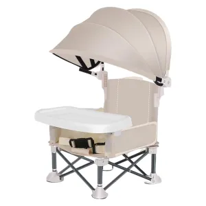 Toddler Chair with 3-Point Harness Portable Booster Seat Foldable Storage Bag Adjustable Straps Removable Tray Beige