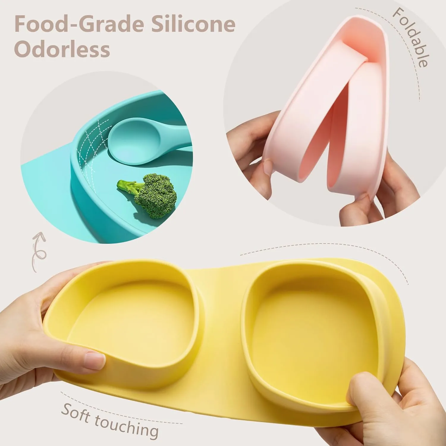 Toddler Plates Travel Essential on the go,Baby Plates with Forks and Spoons Self Feeding 6 months,Foldable,Silicone,BPA Free,Lemon