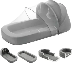 Todldler Baby Travel Bassinet Bed & Chair, Fold Out Sofa Couch Lounger with 2-1 Mosquito & Canopy, Foldable Portable Travel Cot with Foam Raised Safety Bumpers for Infant Toddlers 0-36 Months (Grey)