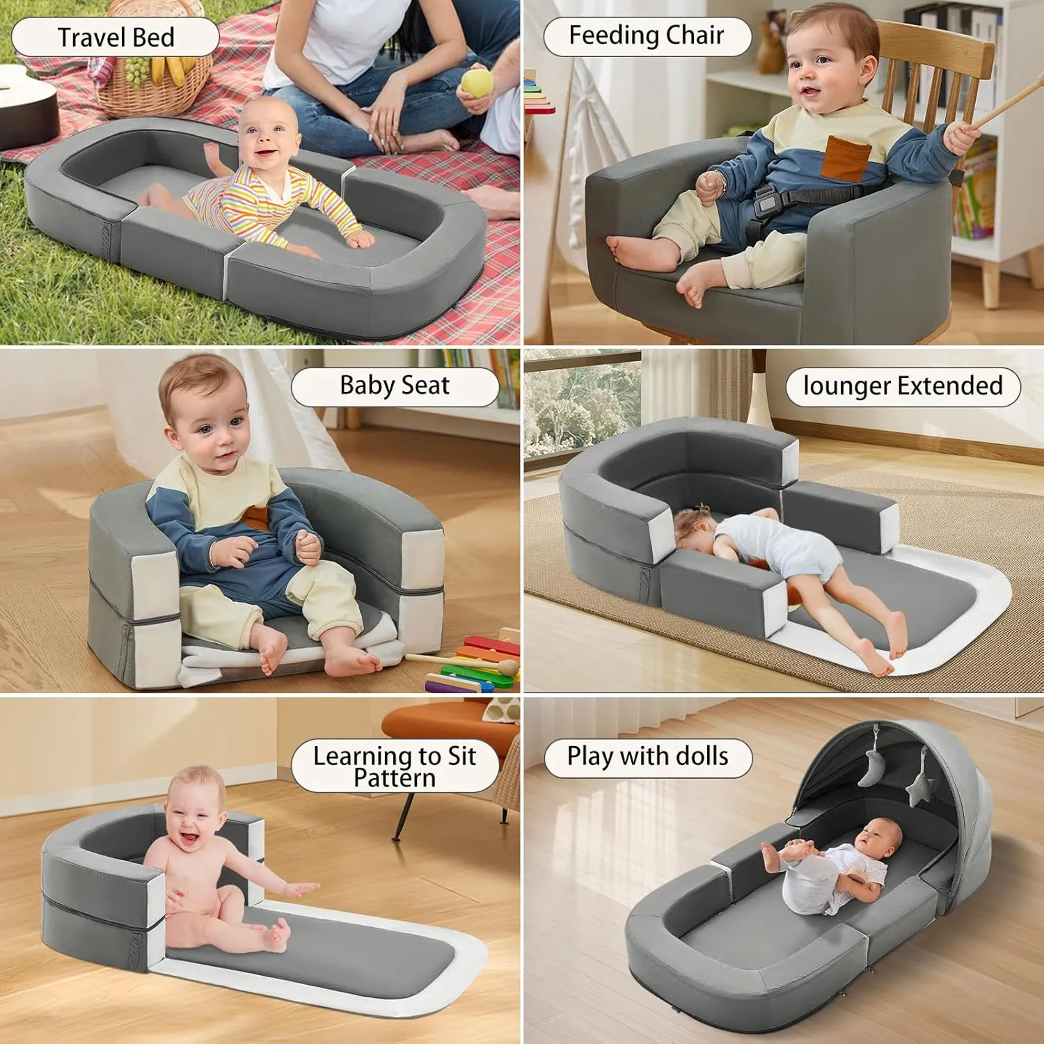 Todldler Baby Travel Bassinet Bed & Chair, Fold Out Sofa Couch Lounger with 2-1 Mosquito & Canopy, Foldable Portable Travel Cot with Foam Raised Safety Bumpers for Infant Toddlers 0-36 Months (Grey)