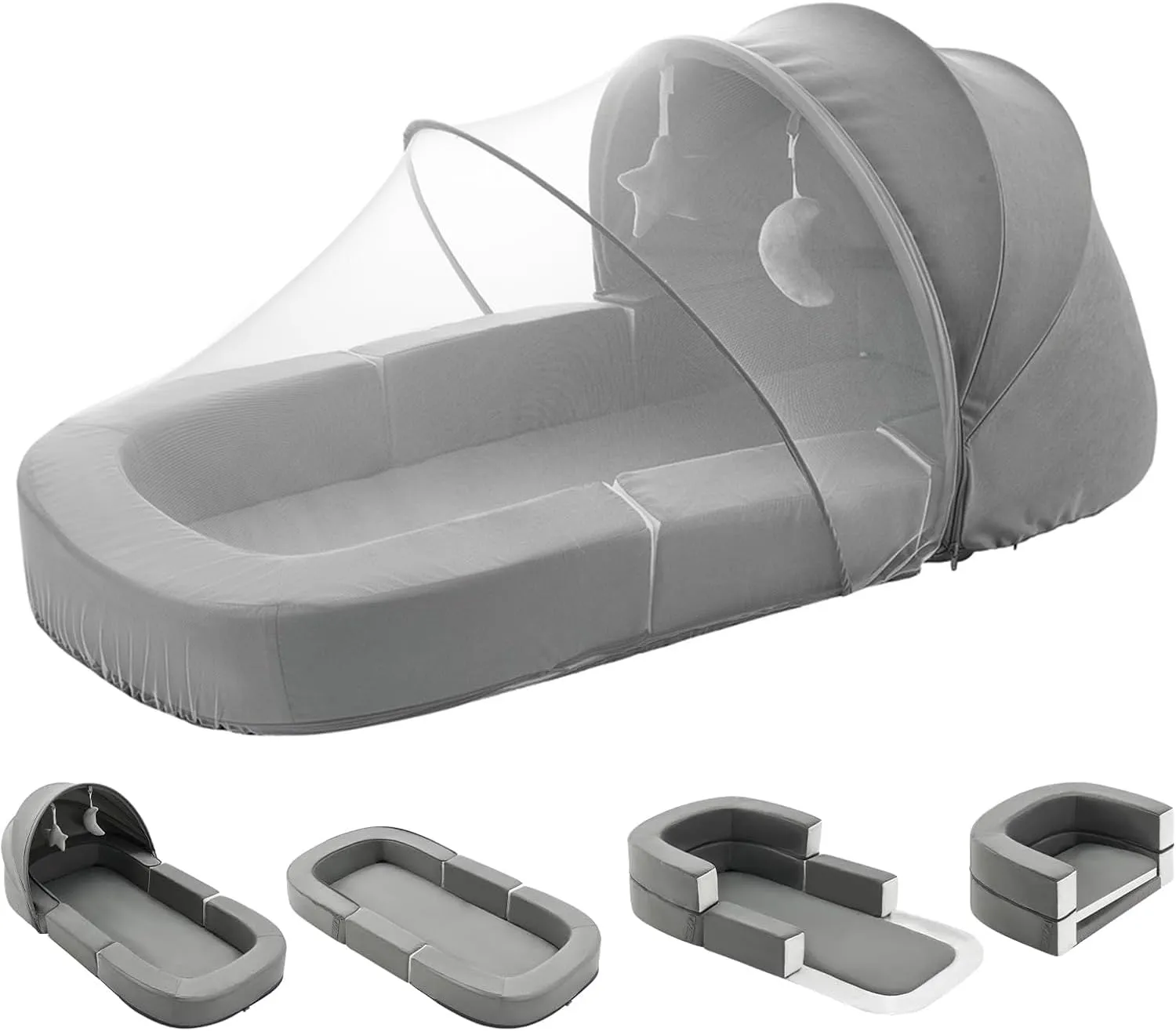 Todldler Baby Travel Bassinet Bed & Chair, Fold Out Sofa Couch Lounger with 2-1 Mosquito & Canopy, Foldable Portable Travel Cot with Foam Raised Safety Bumpers for Infant Toddlers 0-36 Months (Grey)
