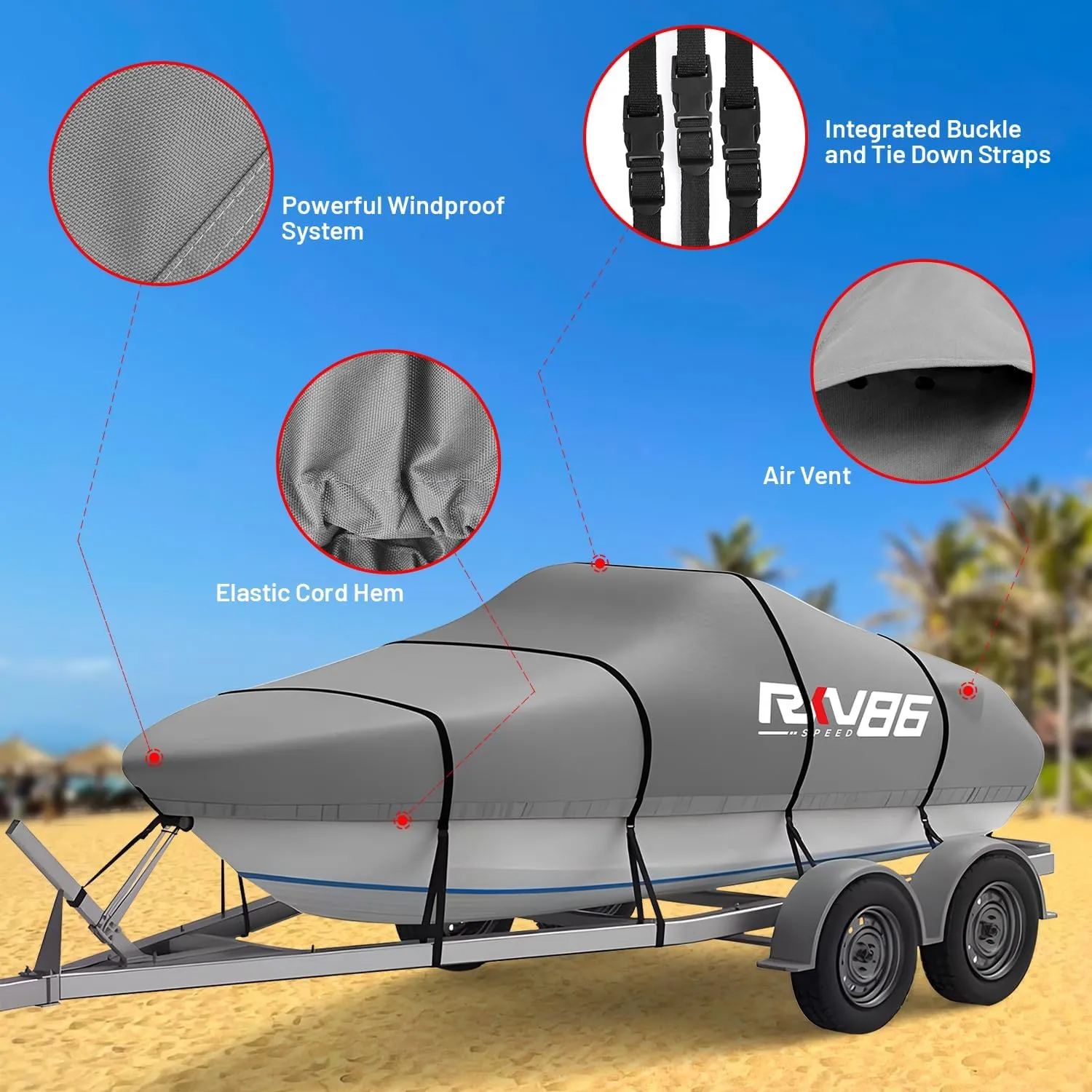Trailerable Boat Cover, 17'- 19' Heavy Duty 600D Waterproof Tarp Covers with Storage Bag, Marine Grade Polyester Canvas, Fits 17-19ft Bass Boat, V-Hull, Tri-Hull, Runabout Bowrider Boat (Gray)