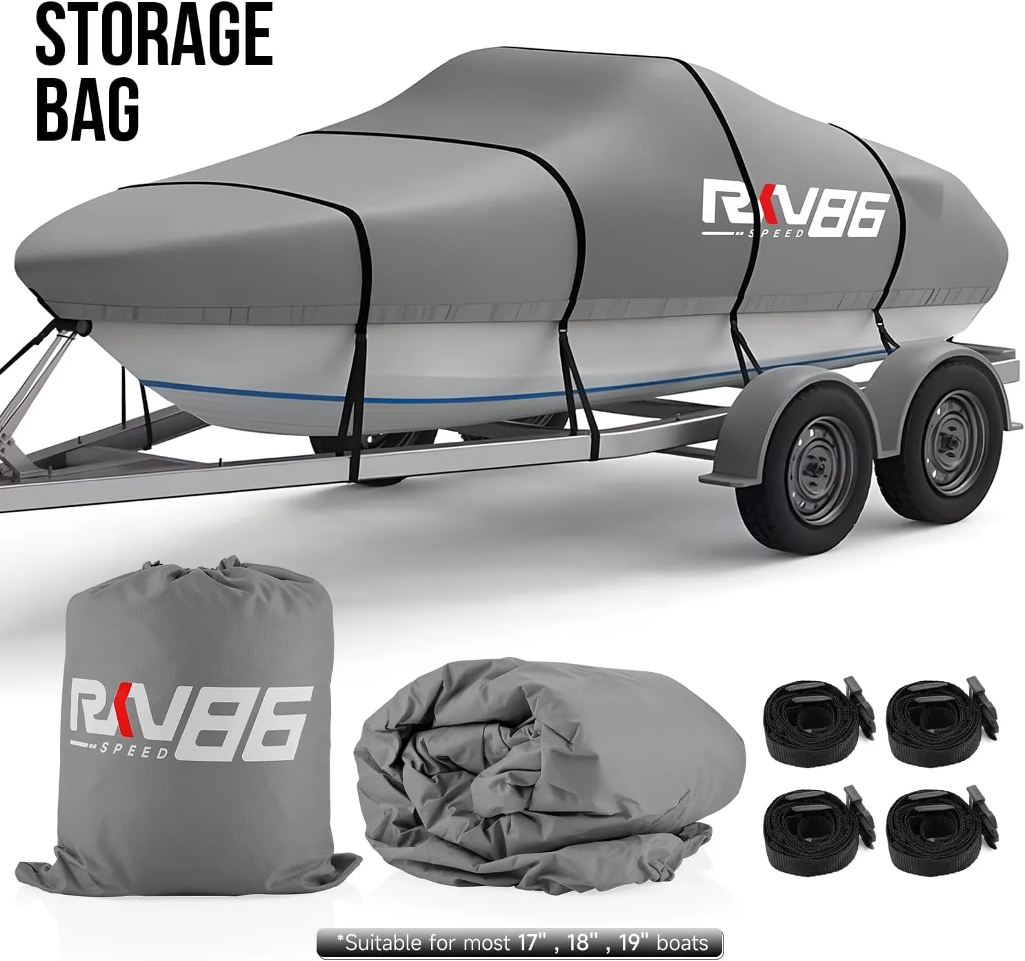 Trailerable Boat Cover, 17'- 19' Heavy Duty 600D Waterproof Tarp Covers with Storage Bag, Marine Grade Polyester Canvas, Fits 17-19ft Bass Boat, V-Hull, Tri-Hull, Runabout Bowrider Boat (Gray)