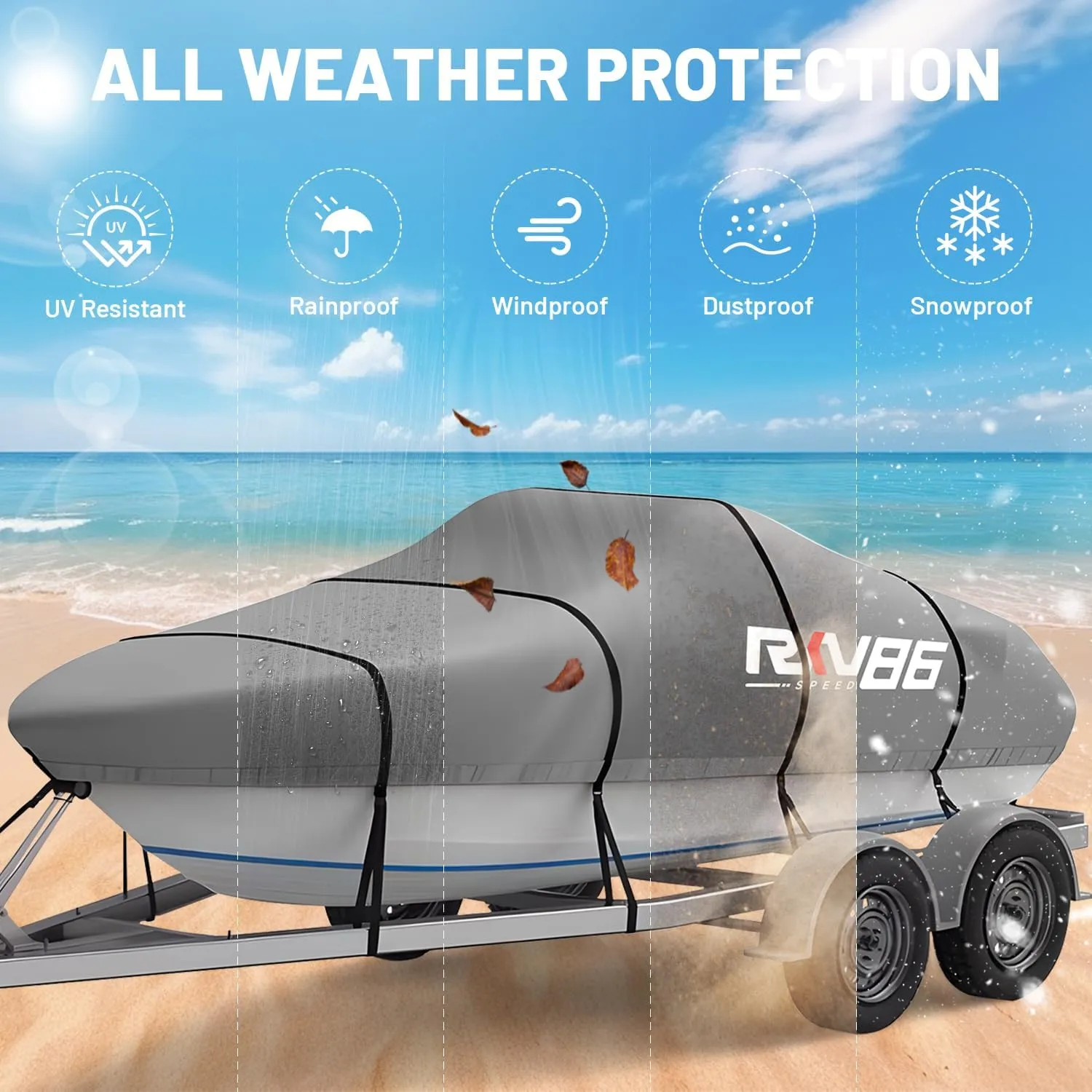 Trailerable Boat Cover, 17'- 19' Heavy Duty 600D Waterproof Tarp Covers with Storage Bag, Marine Grade Polyester Canvas, Fits 17-19ft Bass Boat, V-Hull, Tri-Hull, Runabout Bowrider Boat (Gray)