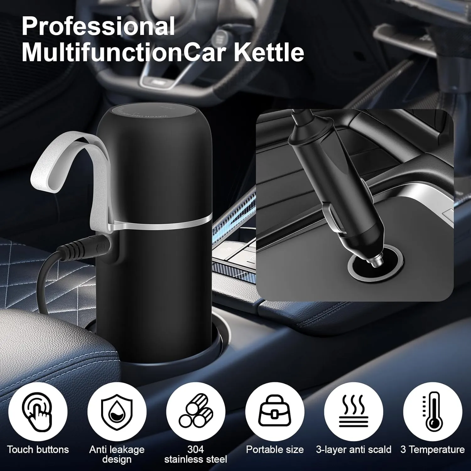 Travel Electric Kettle Car Coffee Warmer 12V/24V Portable Car Water Heater Small Hot Water Boiler With Built-in Magnetic Induction Stirring 304 Stainless Steel Anti-dry Burning(420ML） (Black)