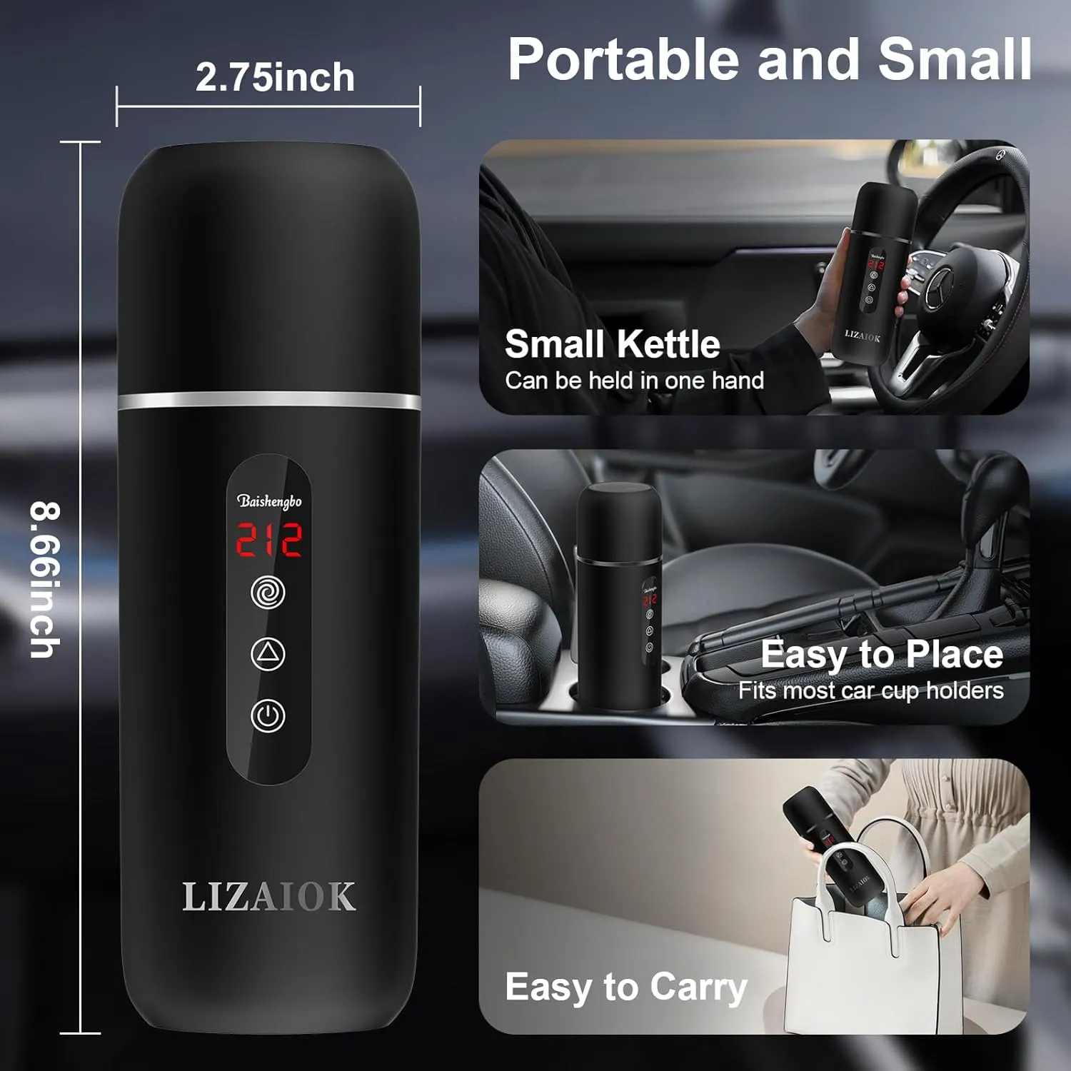 Travel Electric Kettle Car Coffee Warmer 12V/24V Portable Car Water Heater Small Hot Water Boiler With Built-in Magnetic Induction Stirring 304 Stainless Steel Anti-dry Burning(420ML） (Black)