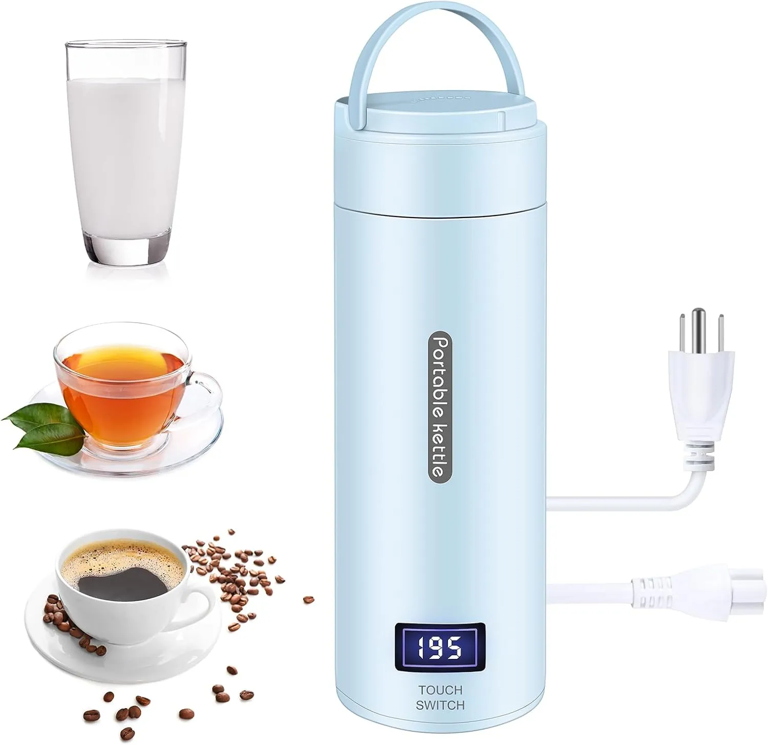 Travel Electric Kettle Portable Small Tea Coffee Hot Water Boiler 304 Stainless Steel Travel Portable Mini Coffee Kettle with 4 Temperature Control Auto Shut-Off & Boil Dry Protection Blue