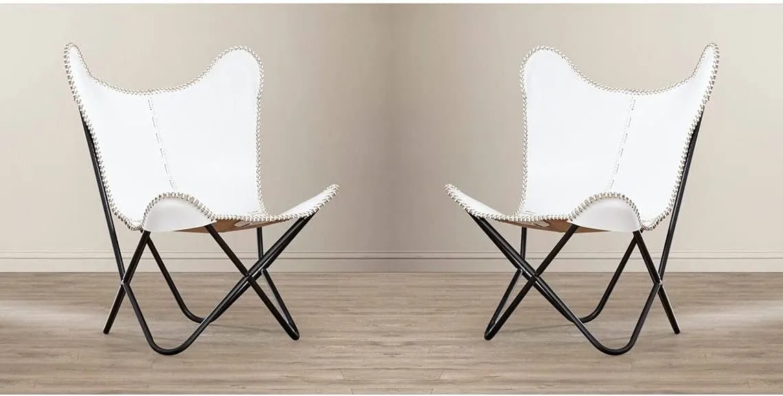 Tuzech Leather Butterfly Chair Vintage Leather Lounge Relax Arm Chair Handmade Genuine Leather Butterfly Chair White Leather Cover (with Fold-able Stand) 103x84x70 cm