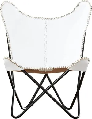 Tuzech Leather Butterfly Chair Vintage Leather Lounge Relax Arm Chair Handmade Genuine Leather Butterfly Chair White Leather Cover (with Fold-able Stand) 103x84x70 cm