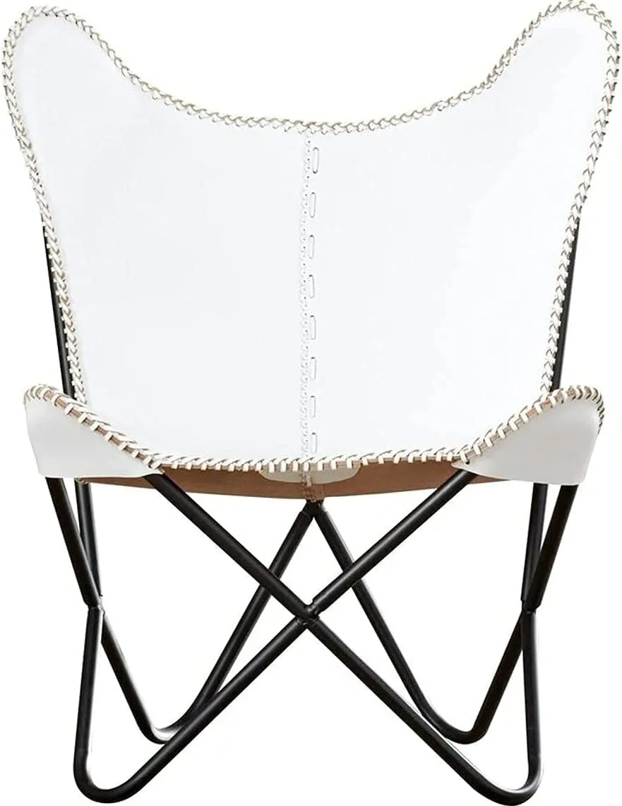 Tuzech Leather Butterfly Chair Vintage Leather Lounge Relax Arm Chair Handmade Genuine Leather Butterfly Chair White Leather Cover (with Fold-able Stand) 103x84x70 cm