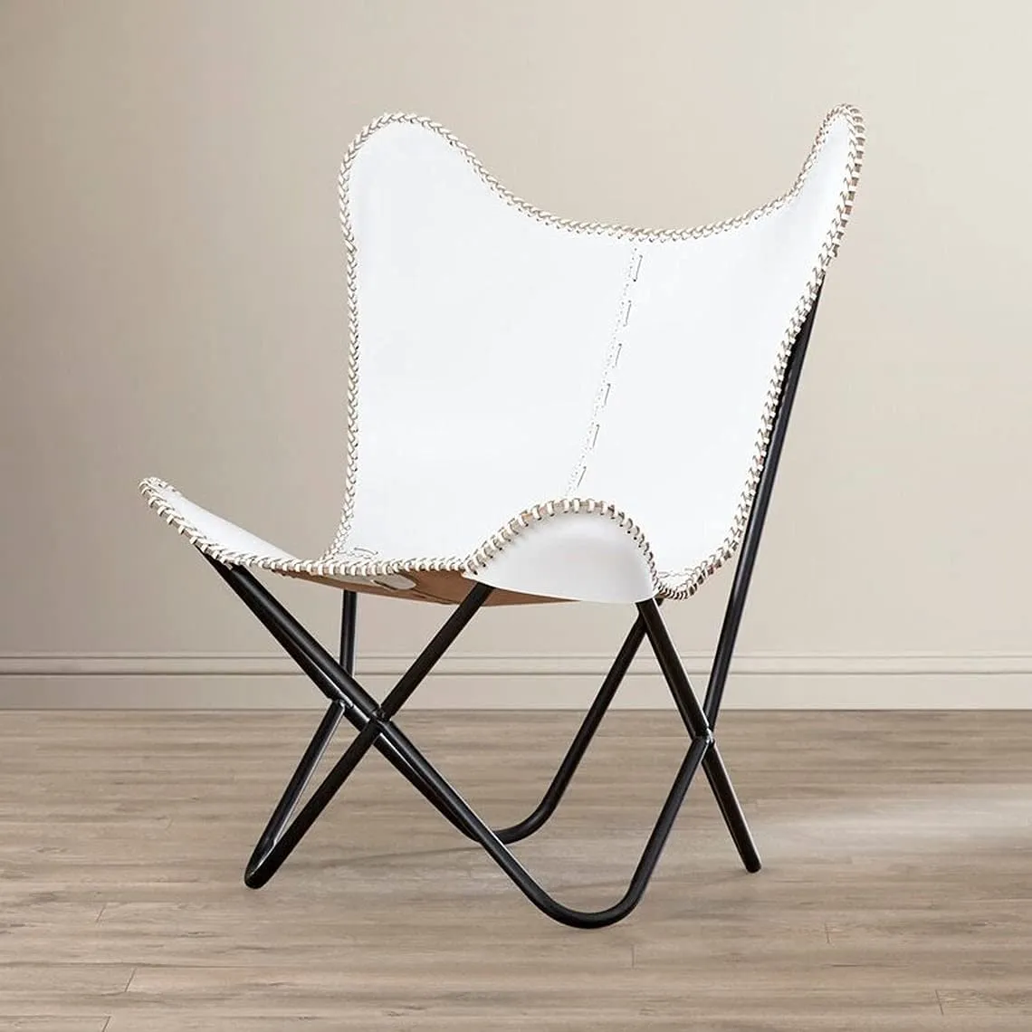 Tuzech Leather Butterfly Chair Vintage Leather Lounge Relax Arm Chair Handmade Genuine Leather Butterfly Chair White Leather Cover (with Fold-able Stand) 103x84x70 cm